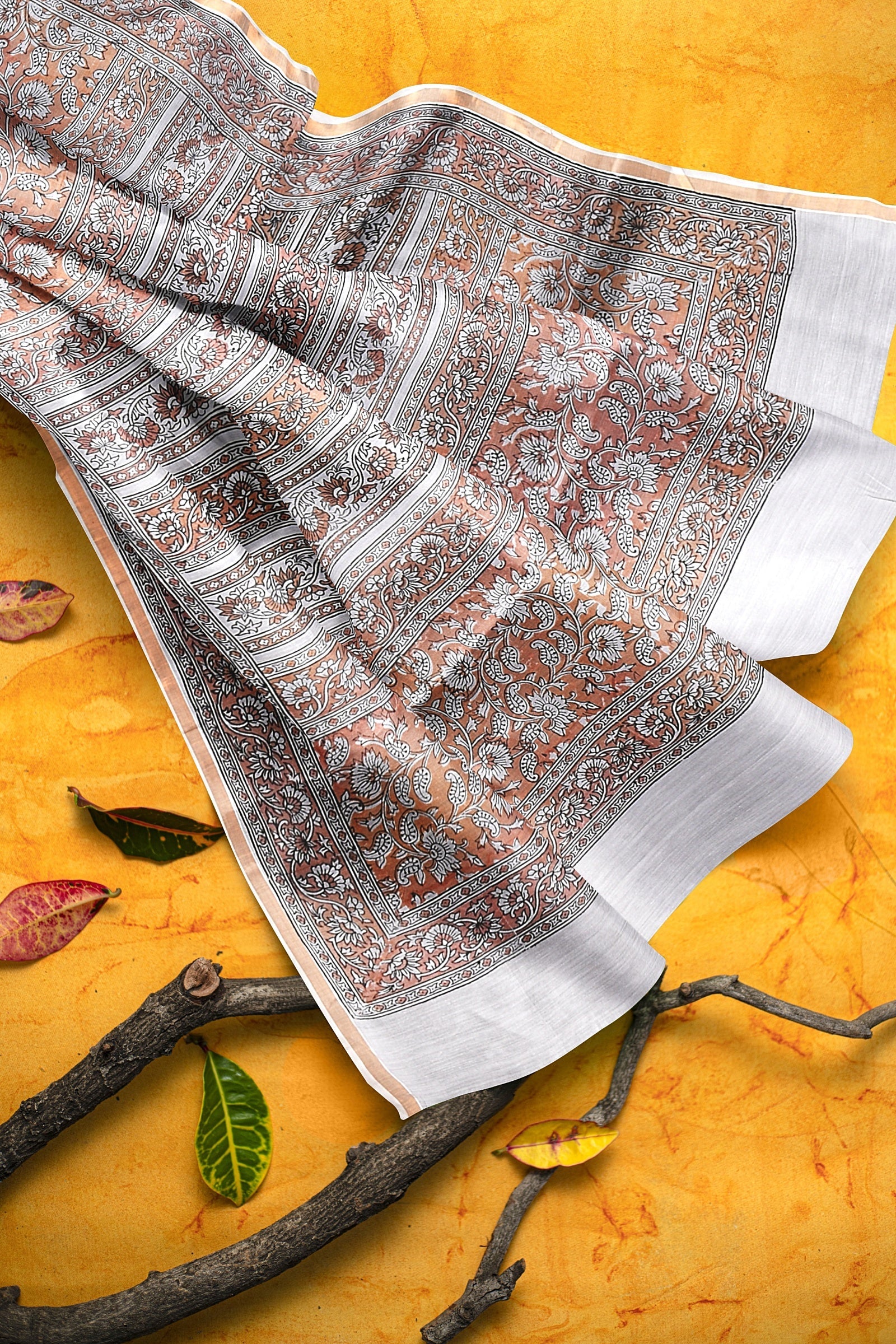 Chhipa Hand Block Printed Off White Sausar Silk Saree with Black and Brown Floral Motif SKU-AS10005 - Bhartiya Shilp