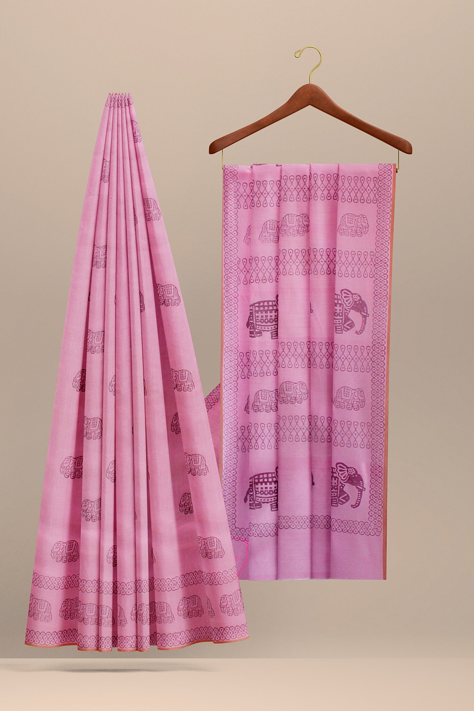 Hand Woven Hand Block Printed Pink Sausar Silk Saree With Marron Elephant Motif SKU-AS10011 - Bhartiya Shilp