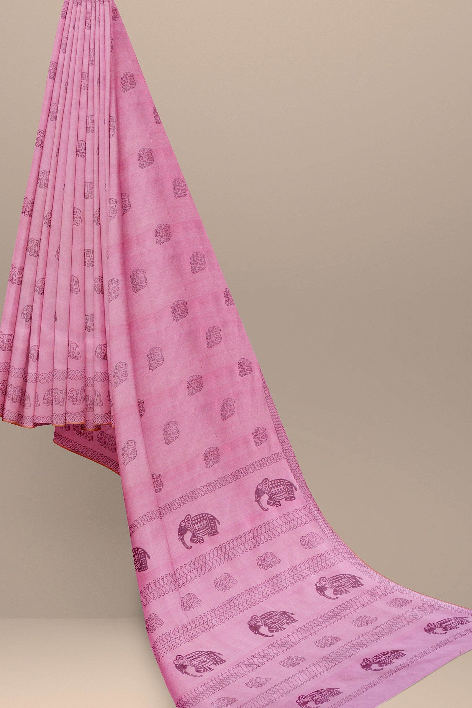 Hand Woven Hand Block Printed Pink Sausar Silk Saree With Marron Elephant Motif SKU-AS10011 - Bhartiya Shilp