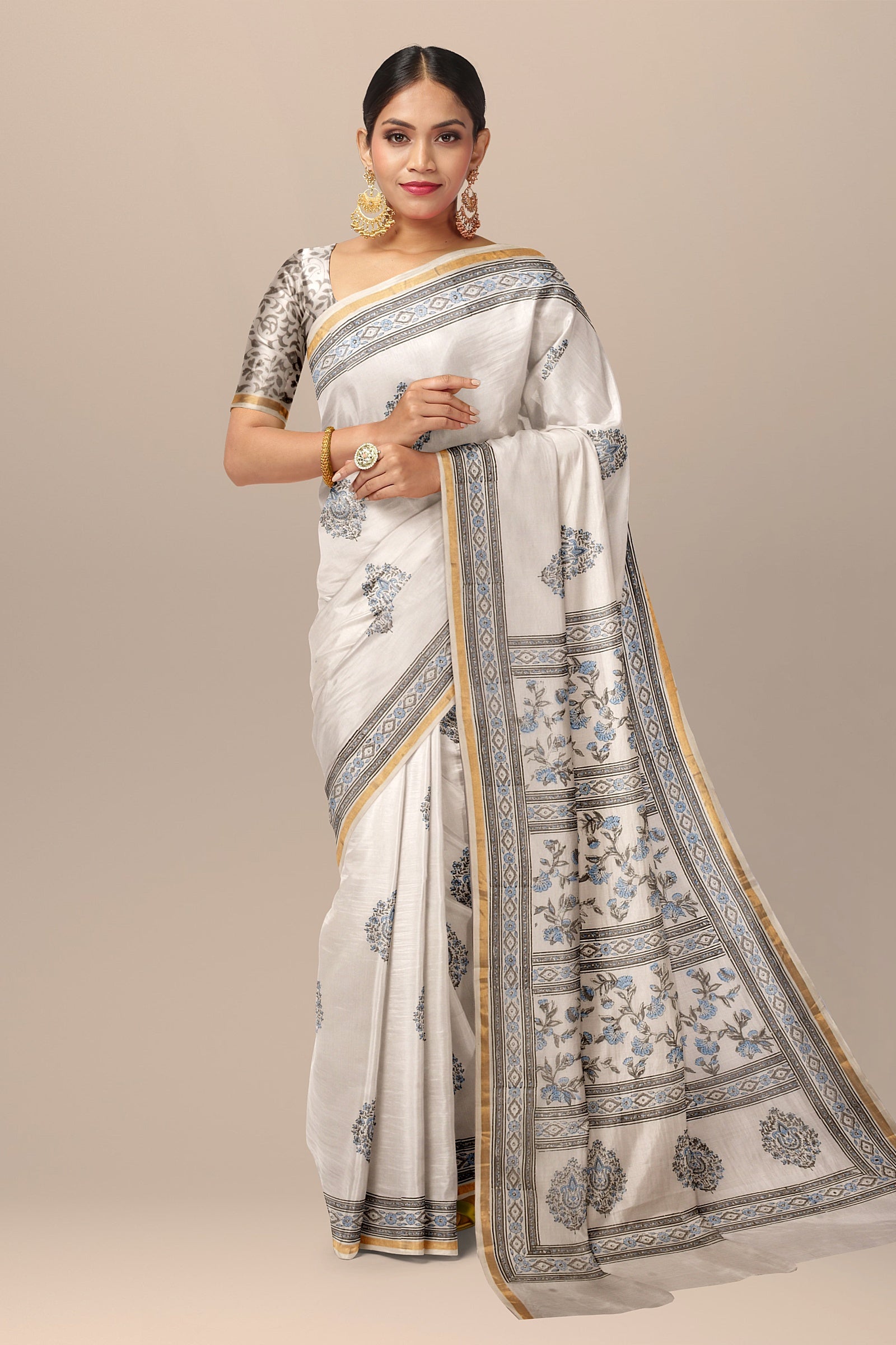 Hand Woven Hand Block Printed White Sausar Silk Saree With Multicolor Mugal Floral Motif SKU-AS10018 - Bhartiya Shilp