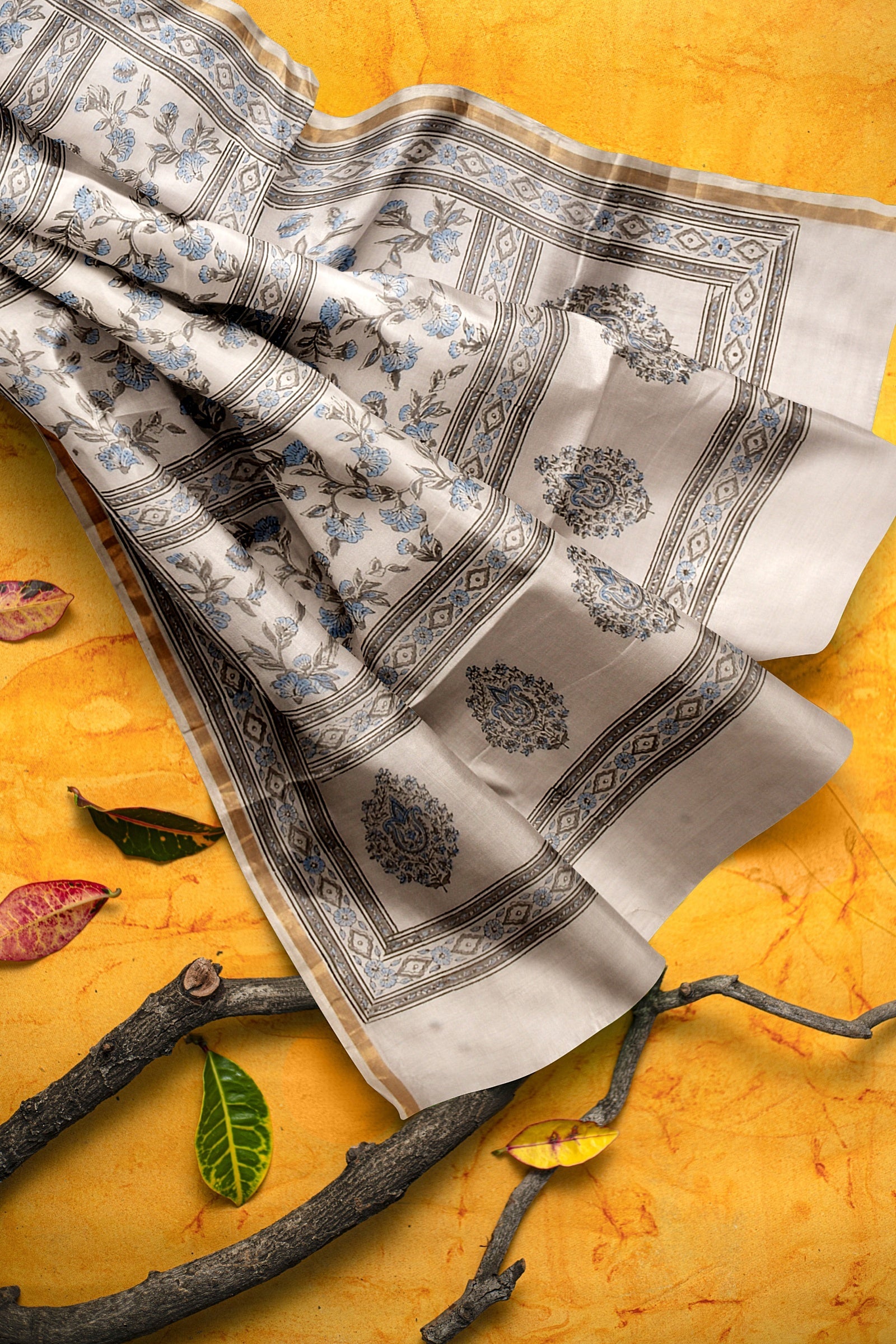 Hand Woven Hand Block Printed White Sausar Silk Saree With Multicolor Mugal Floral Motif SKU-AS10018 - Bhartiya Shilp