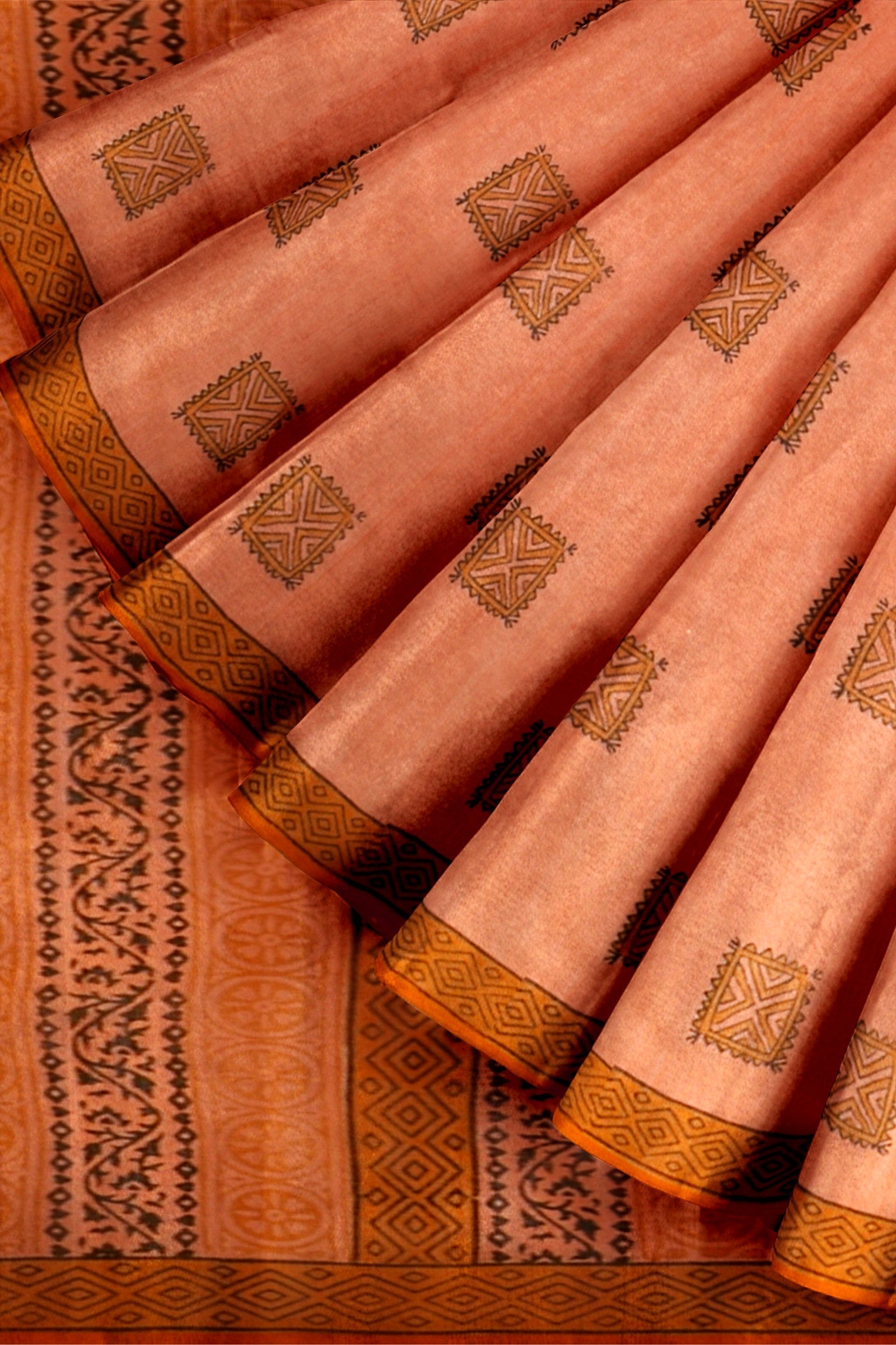 Hand Woven Hand Block Printed Royal Orange Sausar Silk  Saree With Multicolor Tribal Tattoo Motif SKU-AS10019 - Bhartiya Shilp