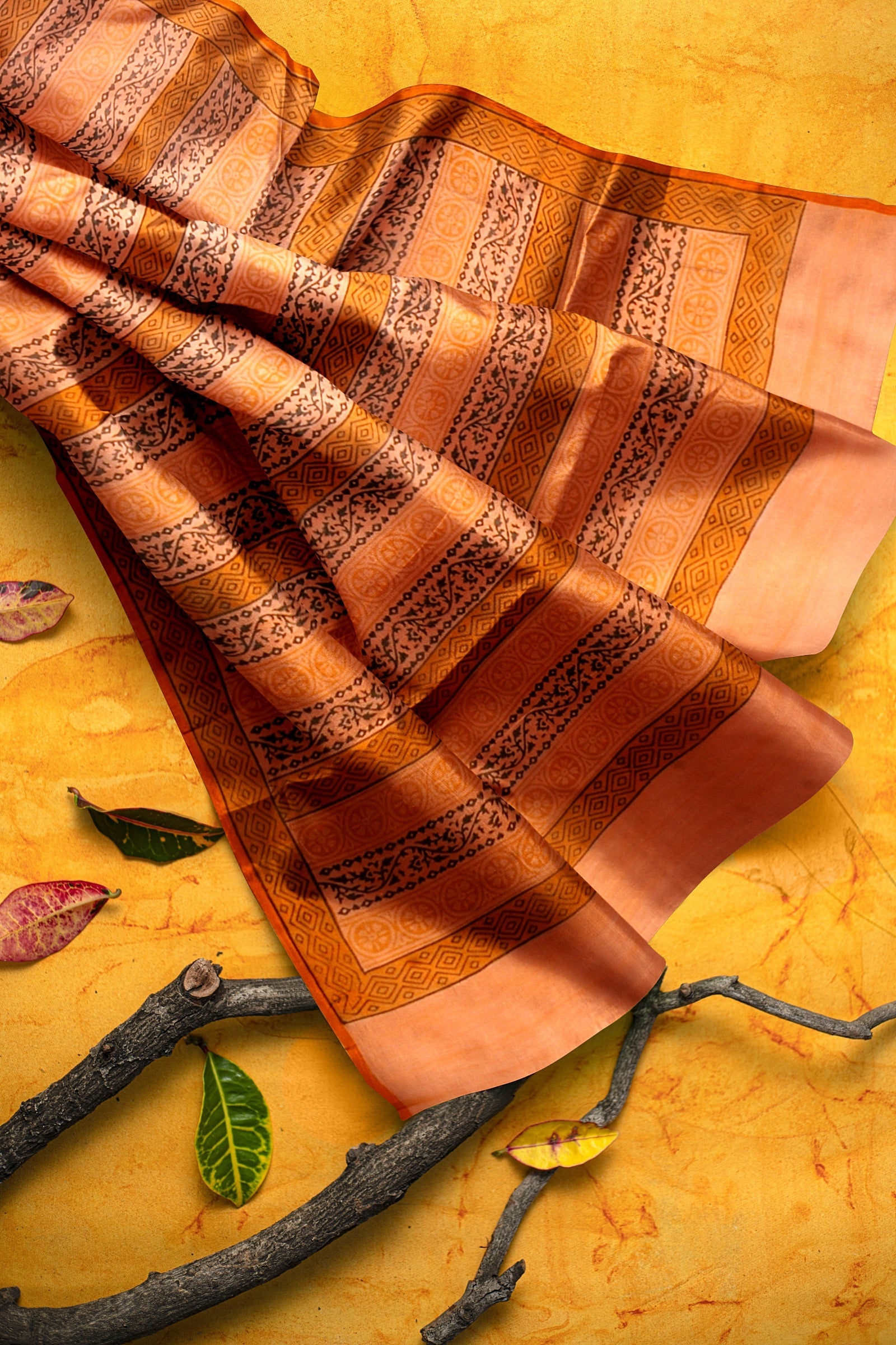 Hand Woven Hand Block Printed Royal Orange Sausar Silk  Saree With Multicolor Tribal Tattoo Motif SKU-AS10019 - Bhartiya Shilp