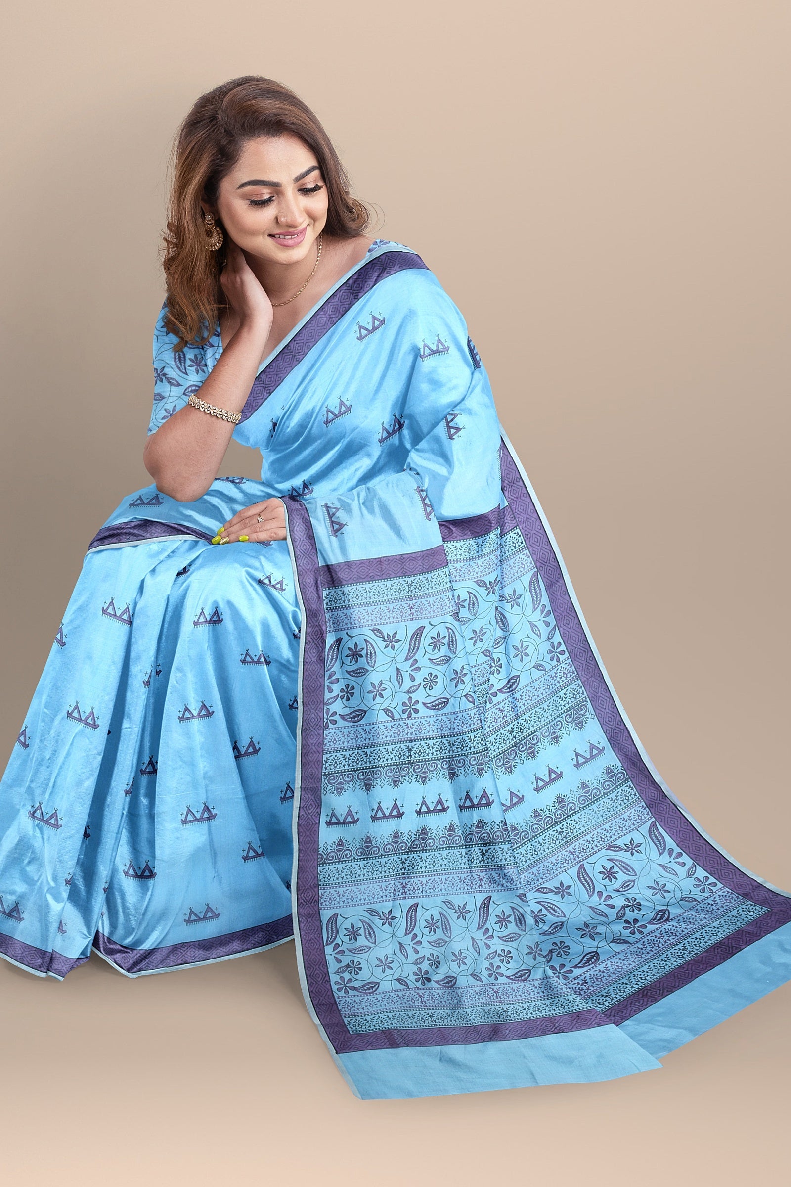 Hand Woven Hand Block Printed Sky Blue Sausar Silk  Saree With Multicolor Tribal Tattoo Motif SKU-AS10020 - Bhartiya Shilp