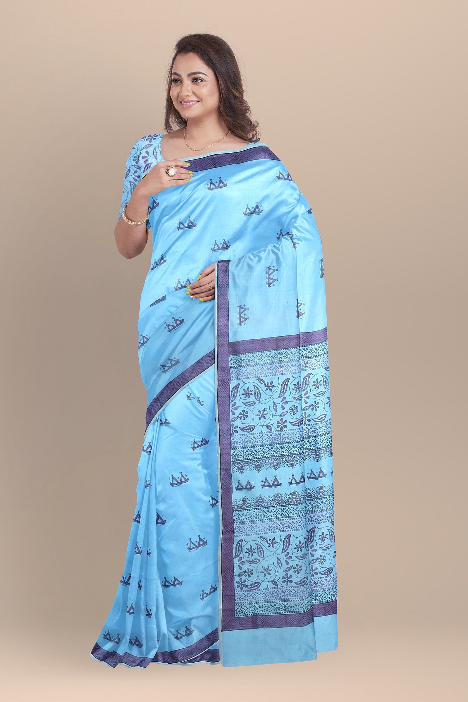 Hand Woven Hand Block Printed Sky Blue Sausar Silk  Saree With Multicolor Tribal Tattoo Motif SKU-AS10020 - Bhartiya Shilp