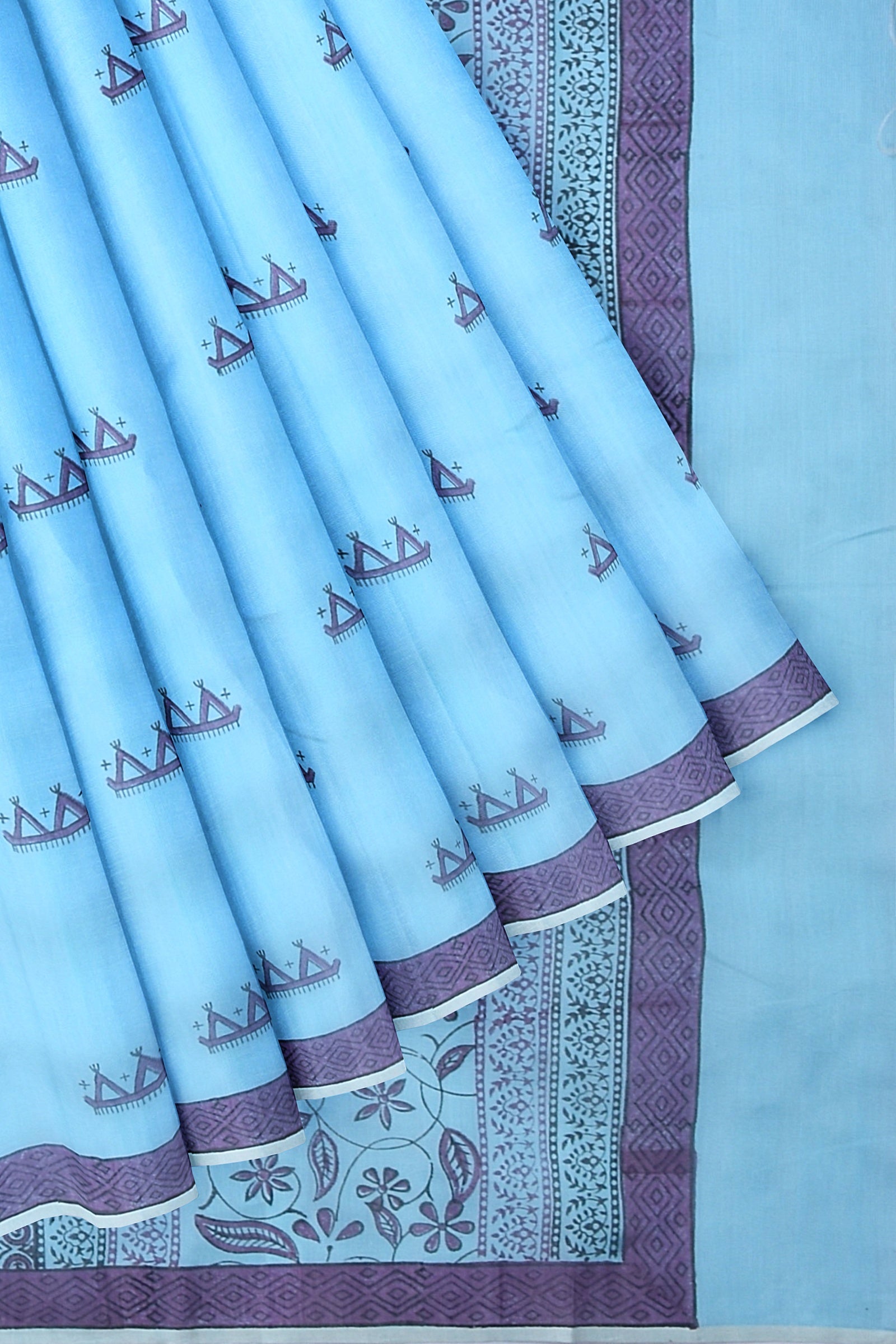 Hand Woven Hand Block Printed Sky Blue Sausar Silk  Saree With Multicolor Tribal Tattoo Motif SKU-AS10020 - Bhartiya Shilp