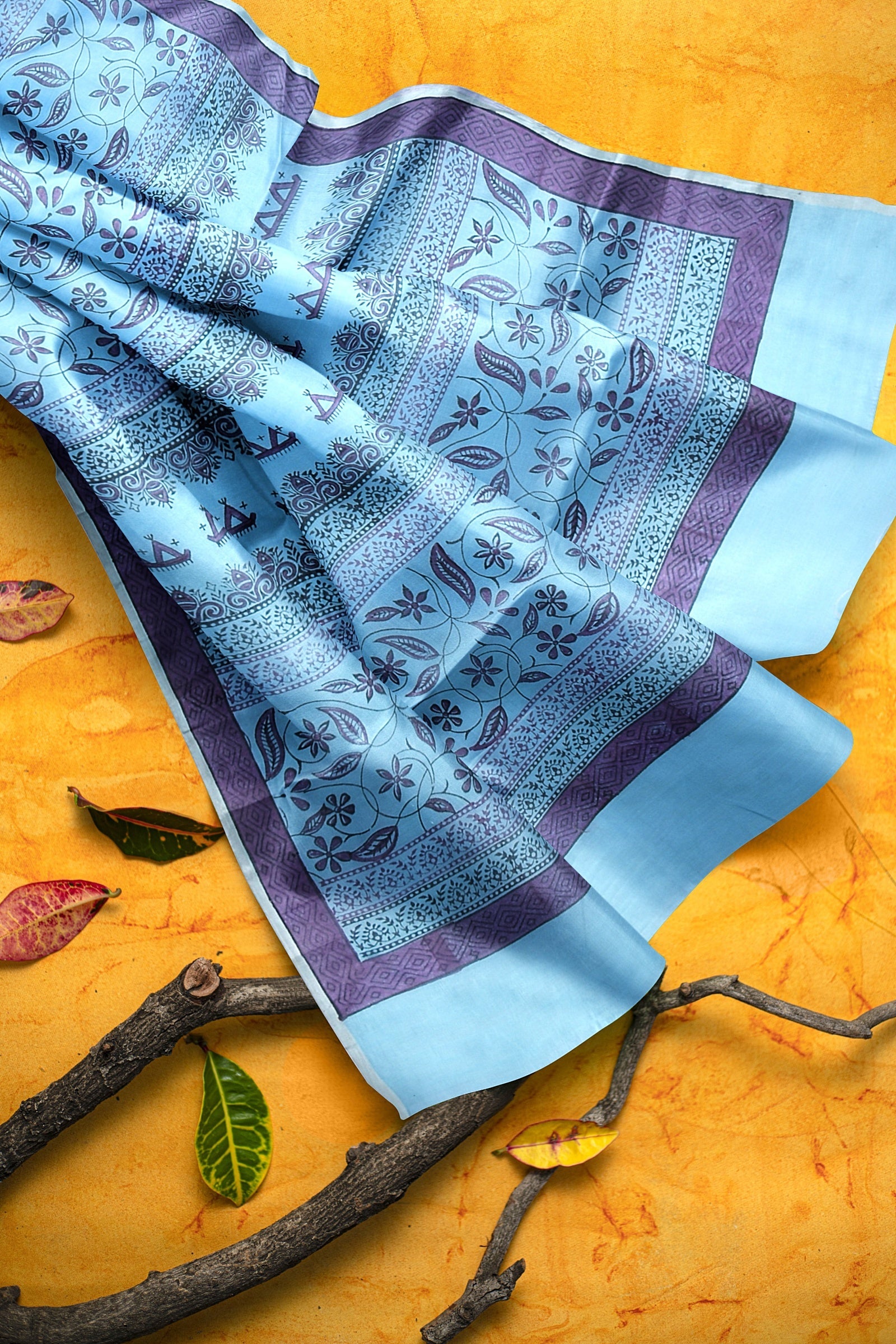 Hand Woven Hand Block Printed Sky Blue Sausar Silk  Saree With Multicolor Tribal Tattoo Motif SKU-AS10020 - Bhartiya Shilp