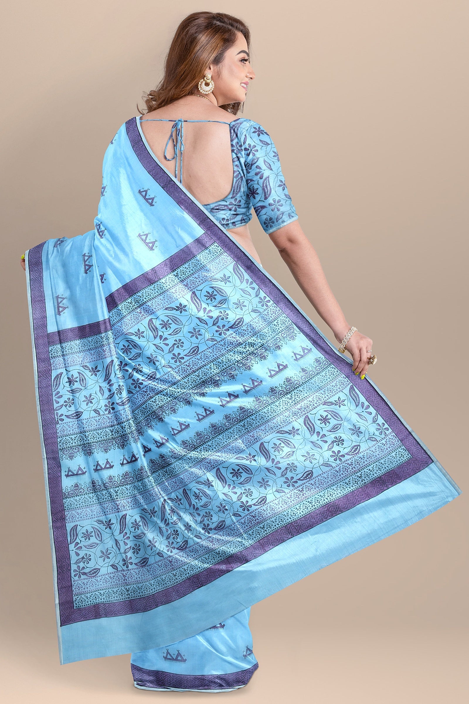 Hand Woven Hand Block Printed Sky Blue Sausar Silk  Saree With Multicolor Tribal Tattoo Motif SKU-AS10020 - Bhartiya Shilp