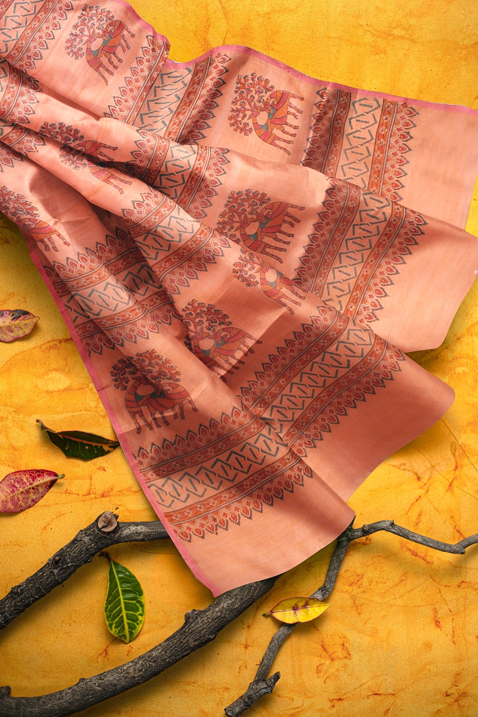 Hand Woven Hand Block Printed Cantaloupe Orange Color Sausar Silk Saree With Multicolor Deer Motif SKU-AS10021 - Bhartiya Shilp