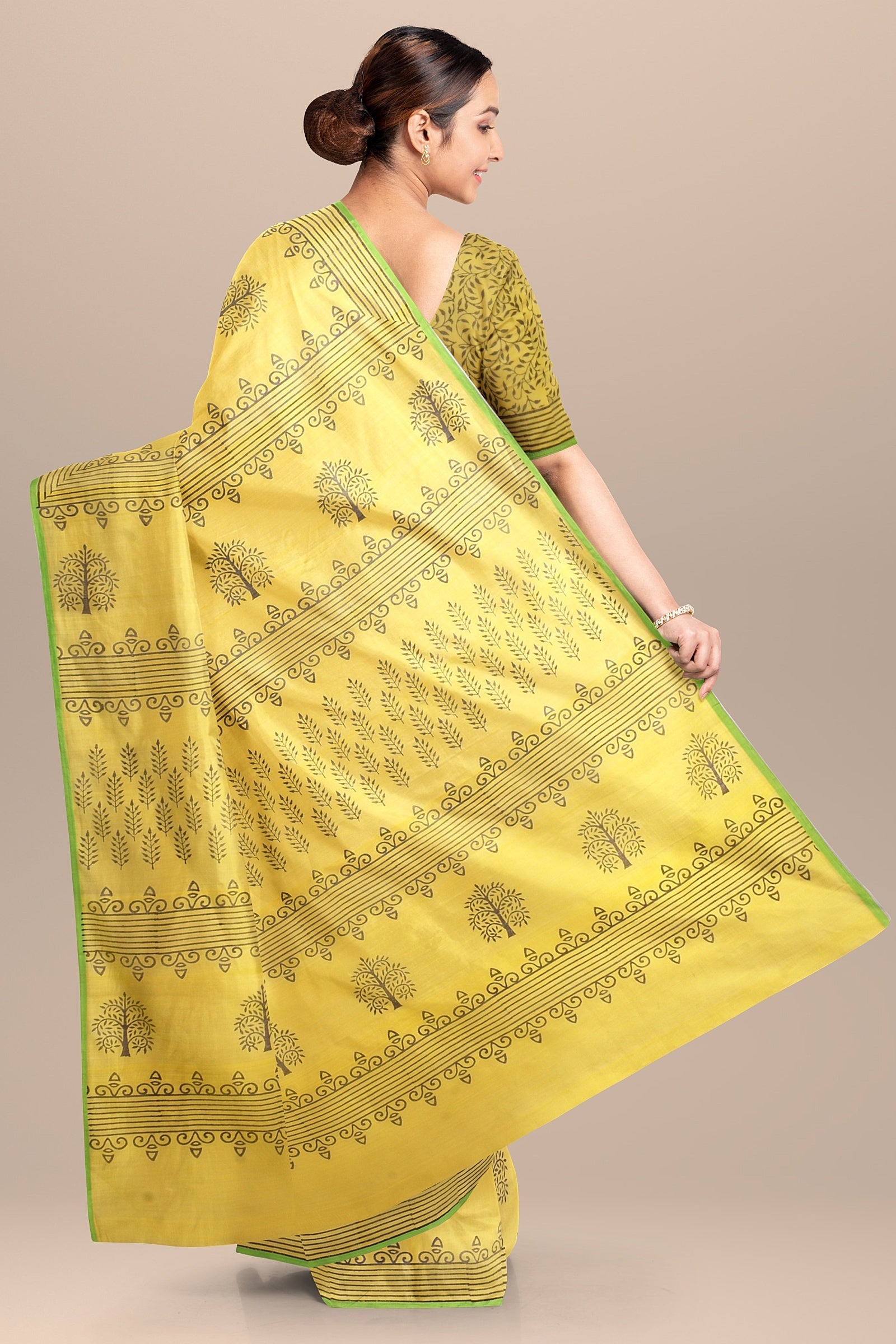 Handwoven Hand Block Printed Lemon Yellow Sausar Silk Saree With Dark Green Tree Motif SKU-AS10023 - Bhartiya Shilp