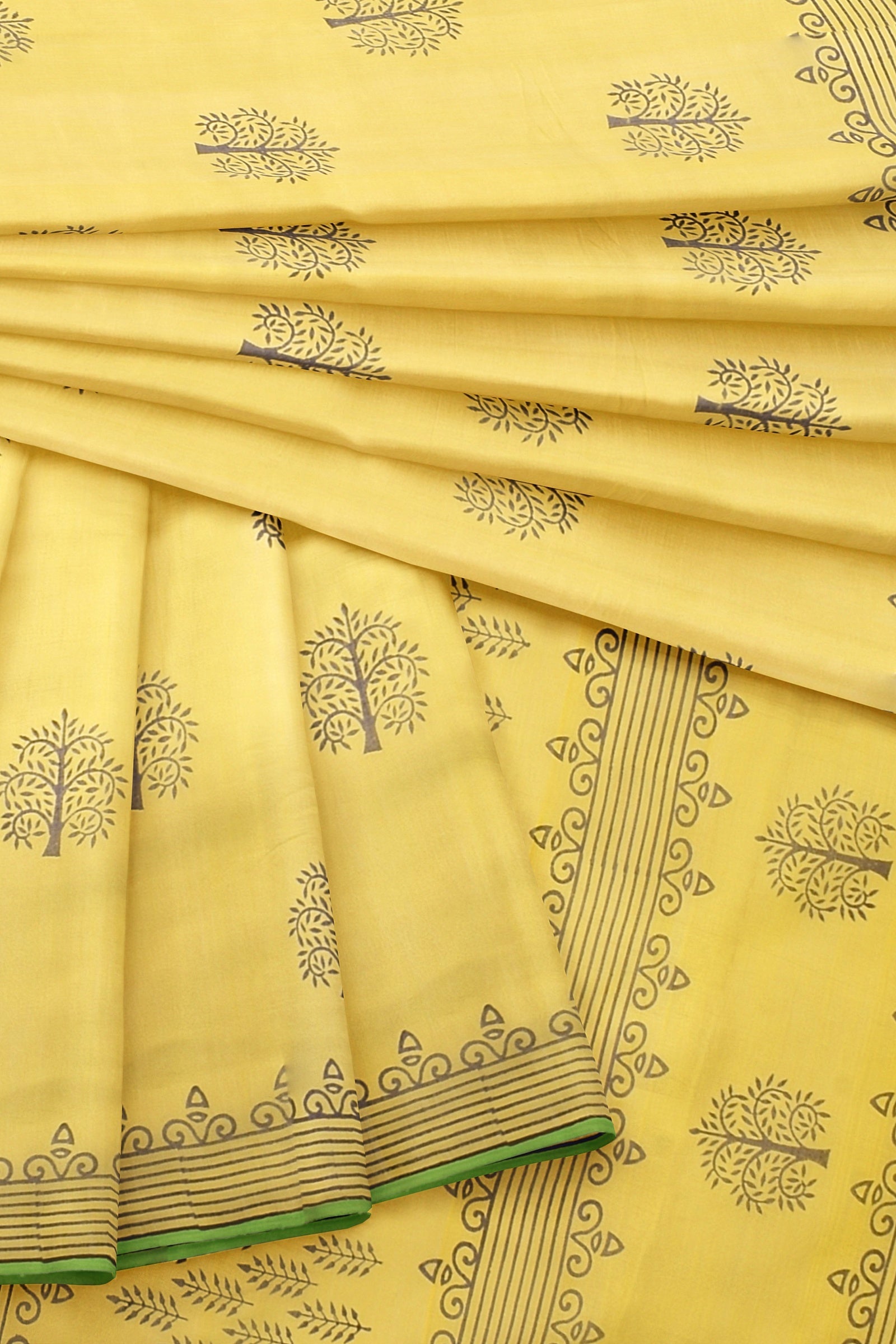 Handwoven Hand Block Printed Lemon Yellow Sausar Silk Saree With Dark Green Tree Motif SKU-AS10023 - Bhartiya Shilp