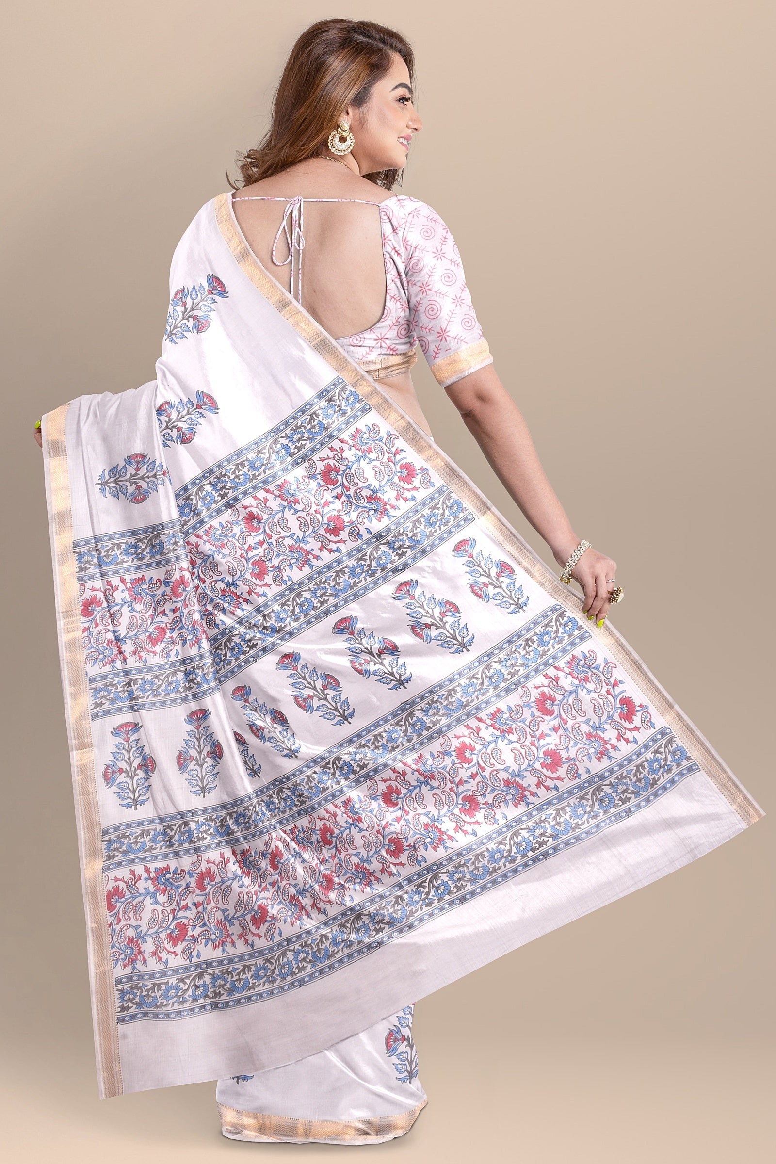 Hand Woven Hand Block Printed White Sausar Silk Saree With Multicolor Floral Motif and Golden Zari Border SKU-AS10024 - Bhartiya Shilp