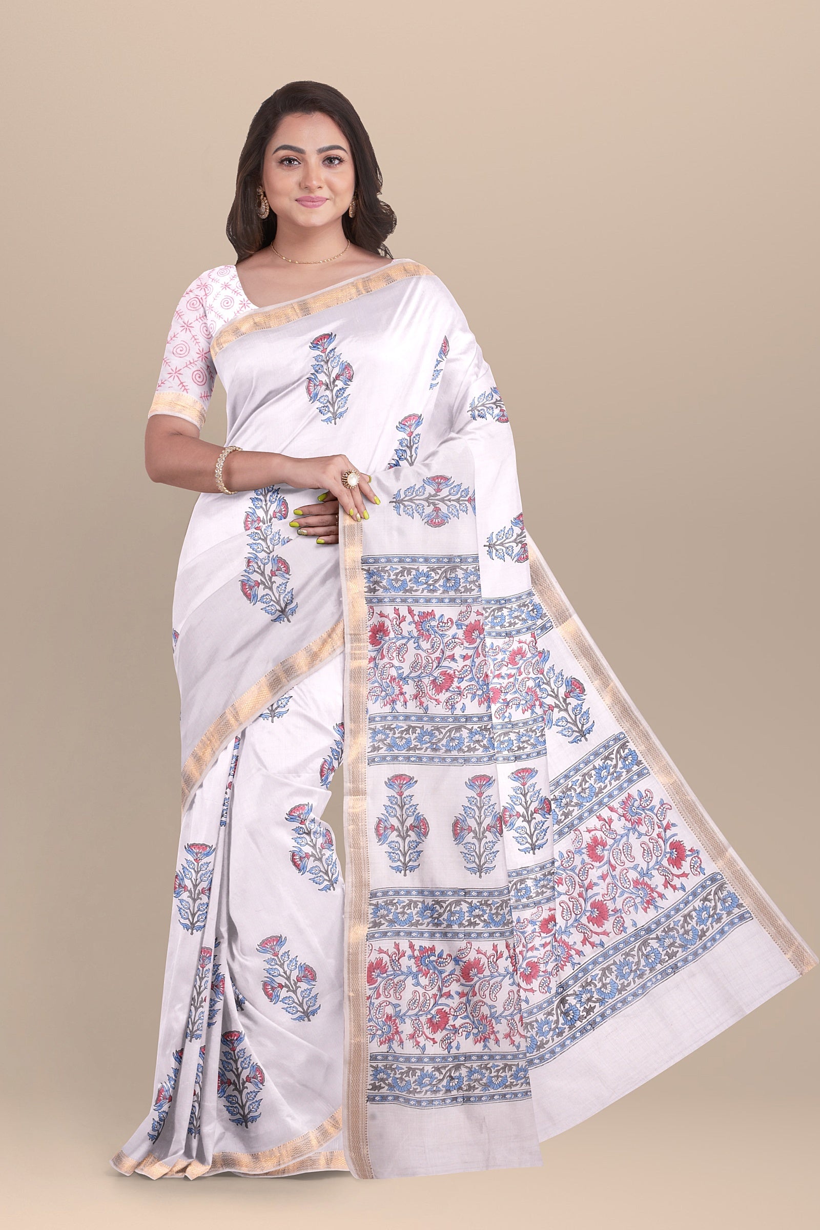 Hand Woven Hand Block Printed White Sausar Silk Saree With Multicolor Floral Motif and Golden Zari Border SKU-AS10024 - Bhartiya Shilp