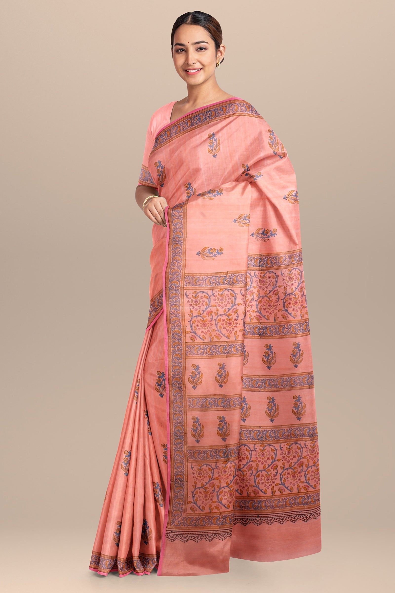 Hand Woven Hand Block Printed Peach Sausar Silk Saree With Multicolor Floral Motif  SKU-AS10025 - Bhartiya Shilp