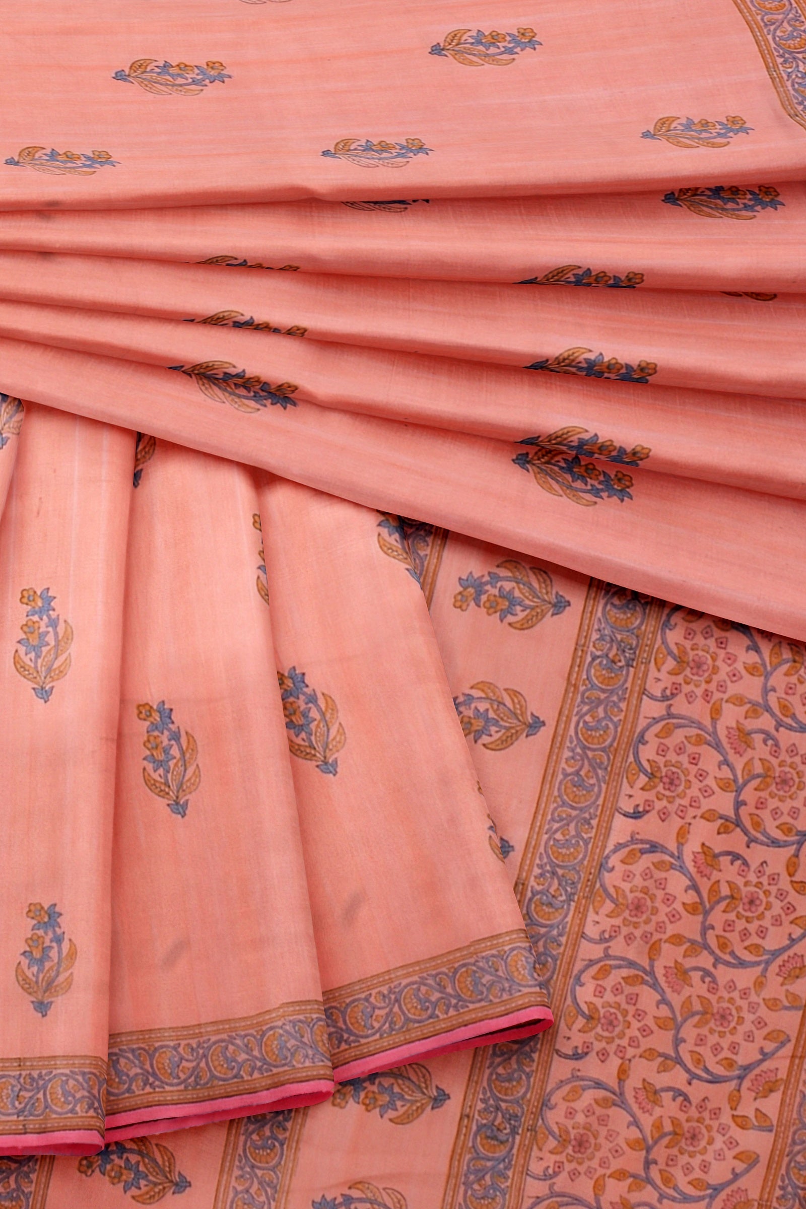 Hand Woven Hand Block Printed Peach Sausar Silk Saree With Multicolor Floral Motif  SKU-AS10025 - Bhartiya Shilp