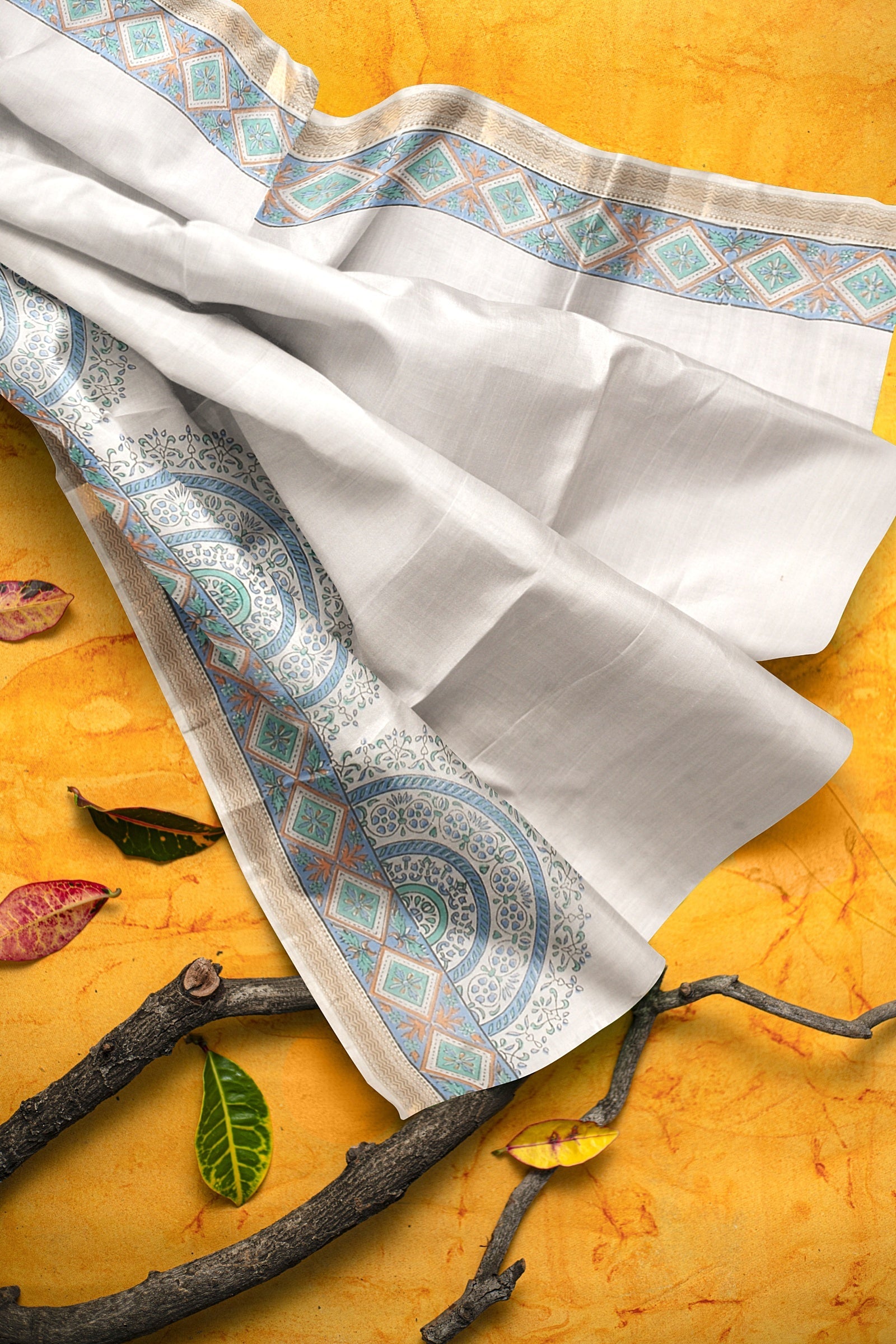 Hand Woven Hand Block Printed White Sausar Silk Saree With Multicolor Floral Motif and Golden Zari Border SKU-AS10026 - Bhartiya Shilp
