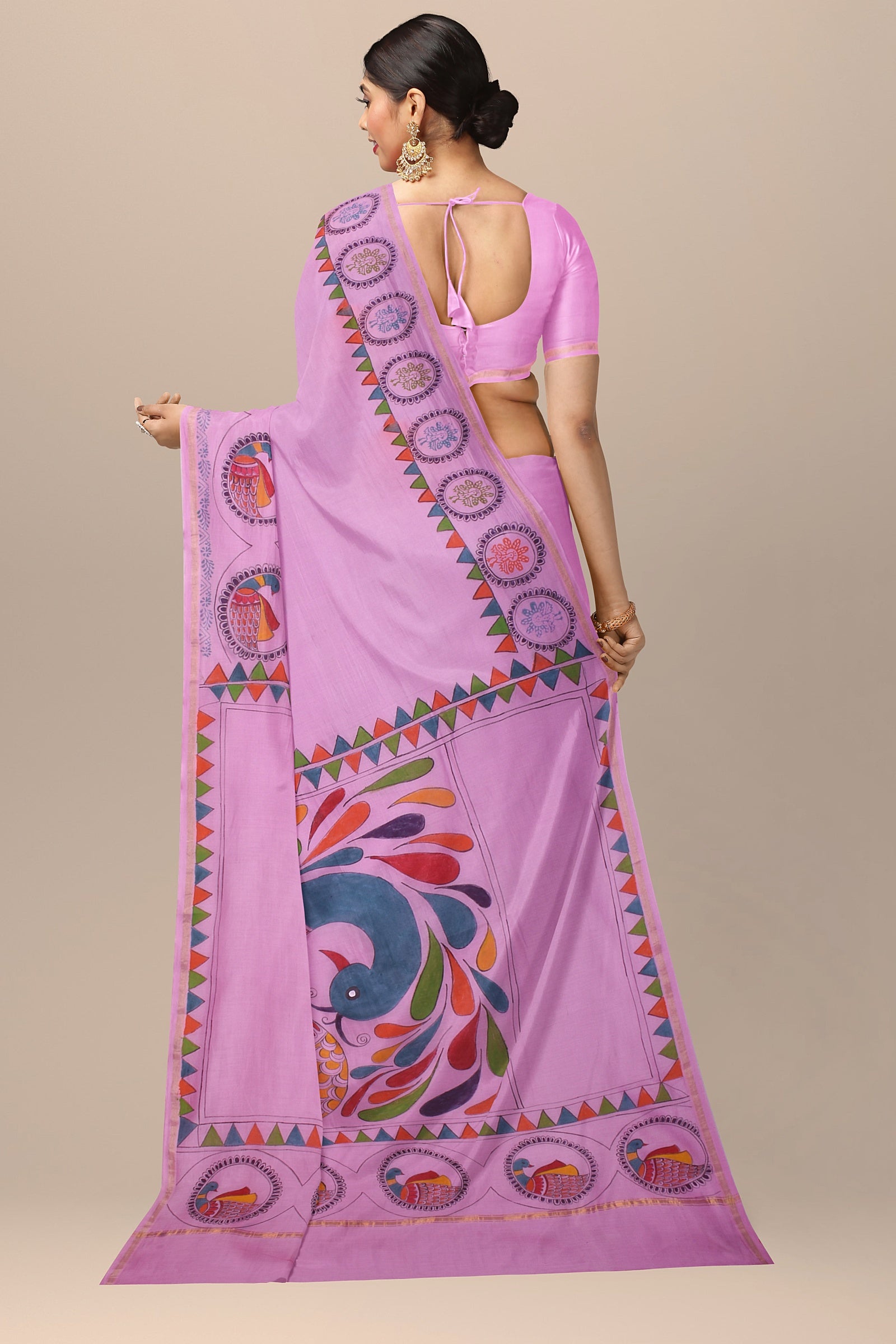 Handwoven Hand Painted Pink Sausar Silk Saree With Gond Bird Painting SKU-AS10031 - Bhartiya Shilp