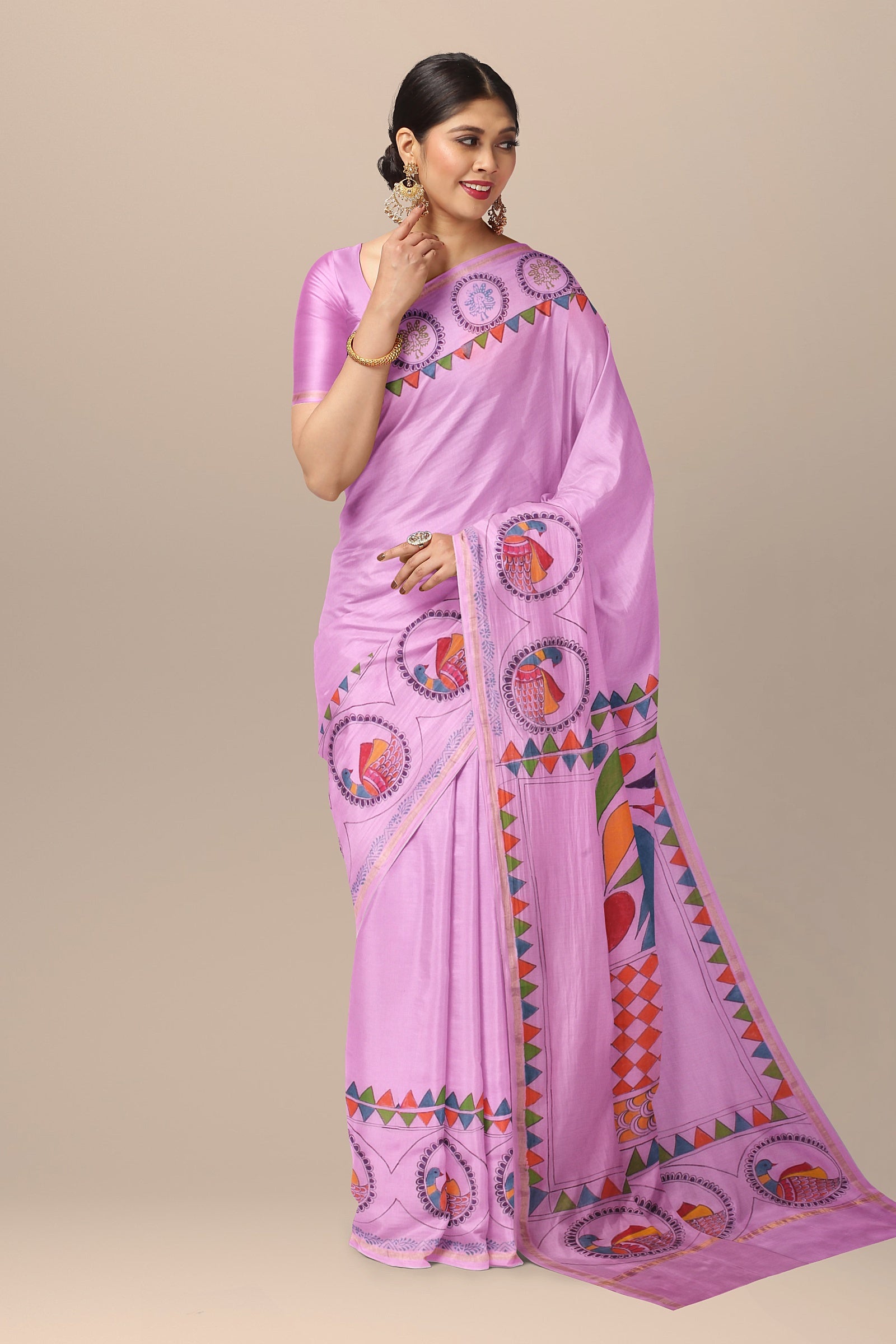 Handwoven Hand Painted Pink Sausar Silk Saree With Gond Bird Painting SKU-AS10031 - Bhartiya Shilp