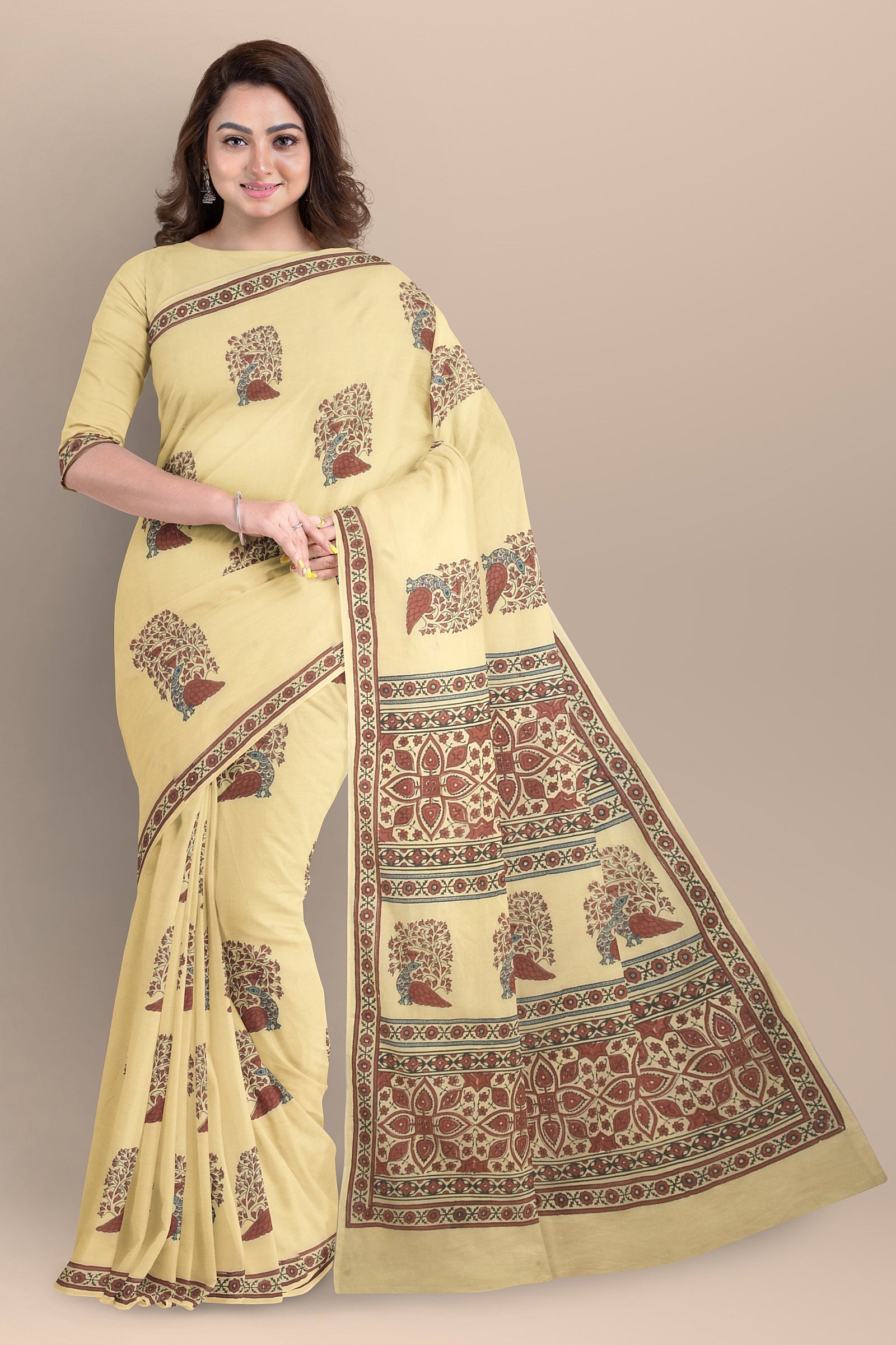 Chhipa Hand Block Printed Parmesean Yellow Color Malmal Cotton Saree With Multicolor Gond Bird Motif SKU-AS10033 - Bhartiya Shilp