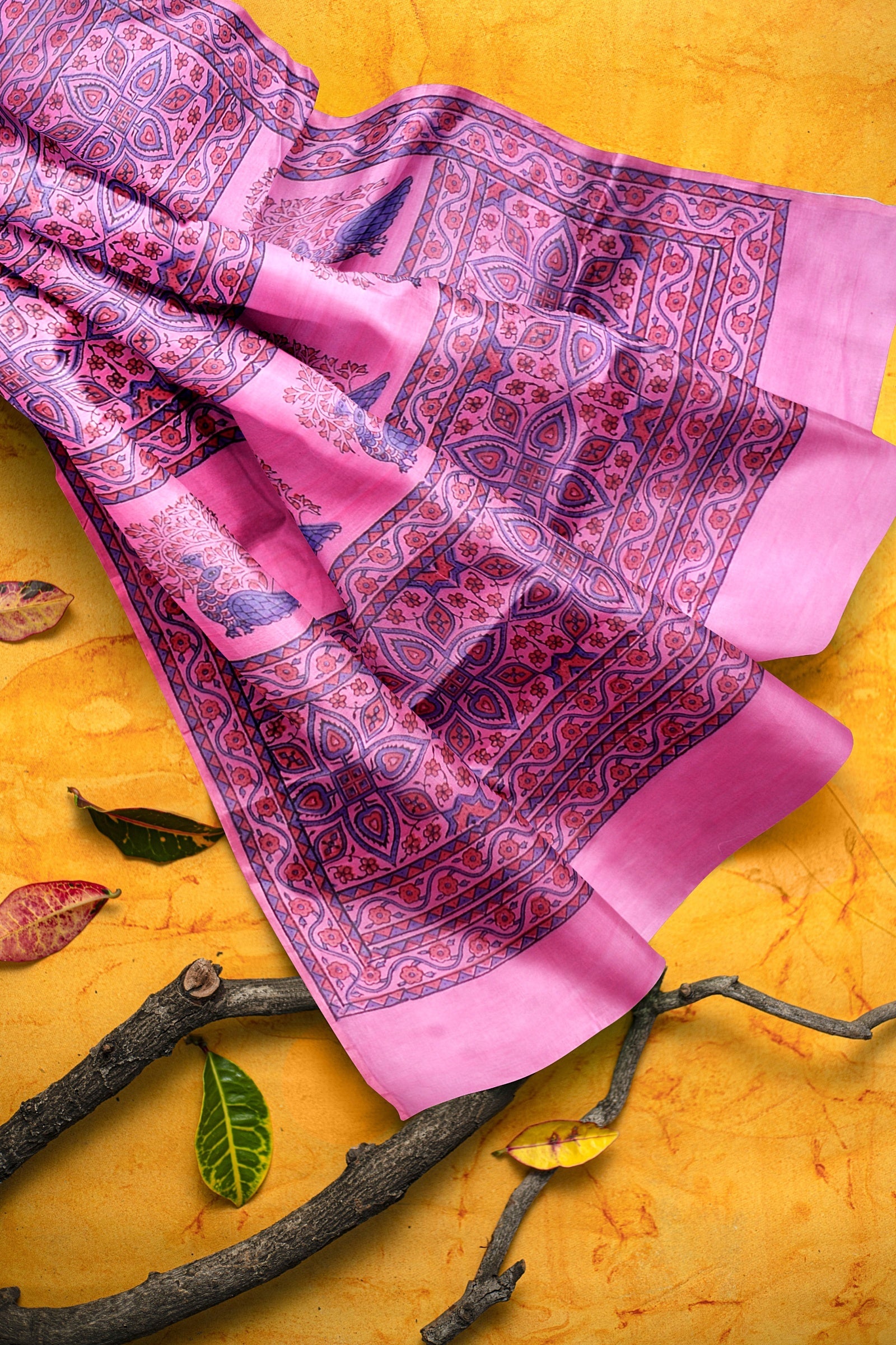 Handwoven Hand Block Printed Pink Sausar Silk Saree With Multicolor Bird Motif SKU-AS10035 - Bhartiya Shilp