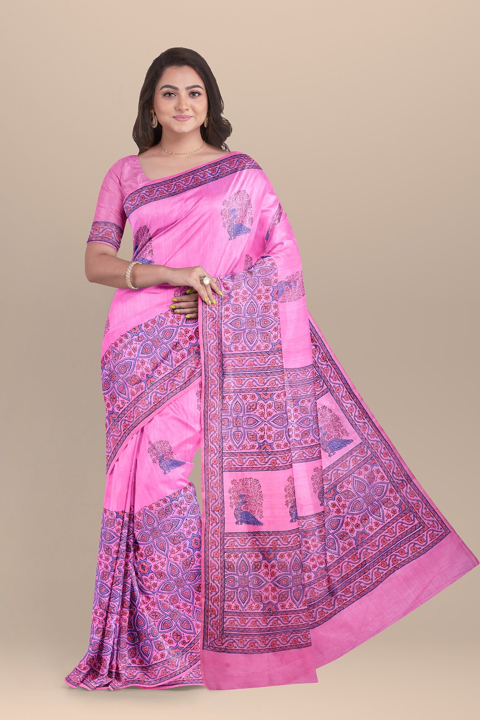 Handwoven Hand Block Printed Pink Sausar Silk Saree With Multicolor Bird Motif SKU-AS10035 - Bhartiya Shilp