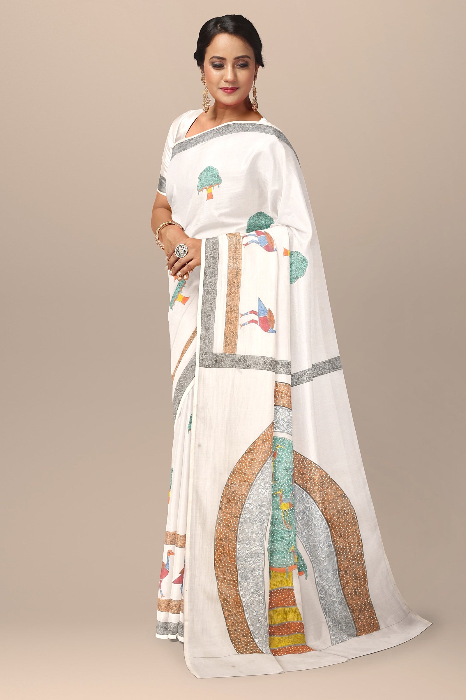 Handwoven Hand Painted White Sausar Silk Saree With Tree Painting  SKU-AS10036 - Bhartiya Shilp