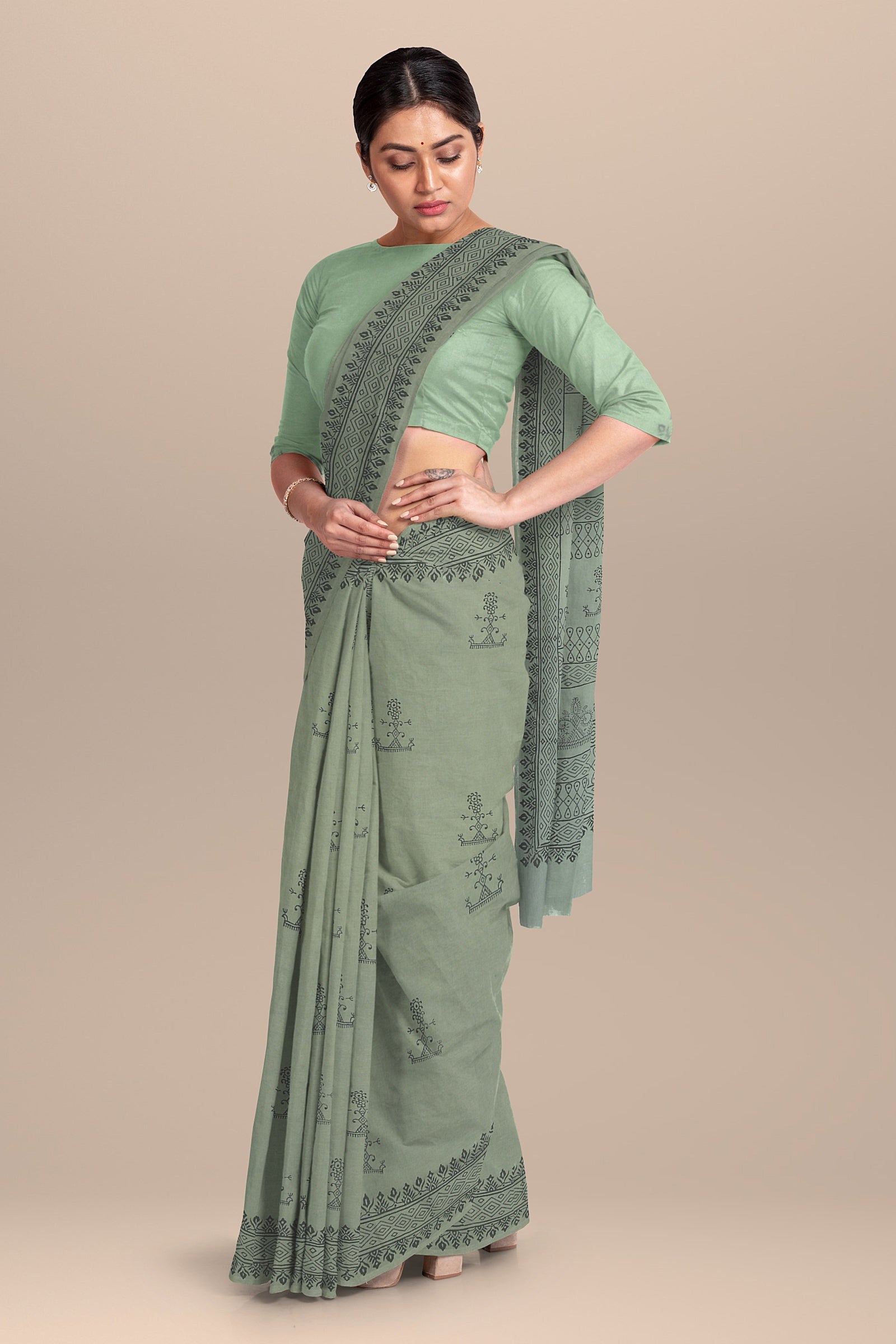 Sage Green Tribal Motif Hand Block Print Malmal Cotton Saree SKU-AS10059 - Bhartiya Shilp