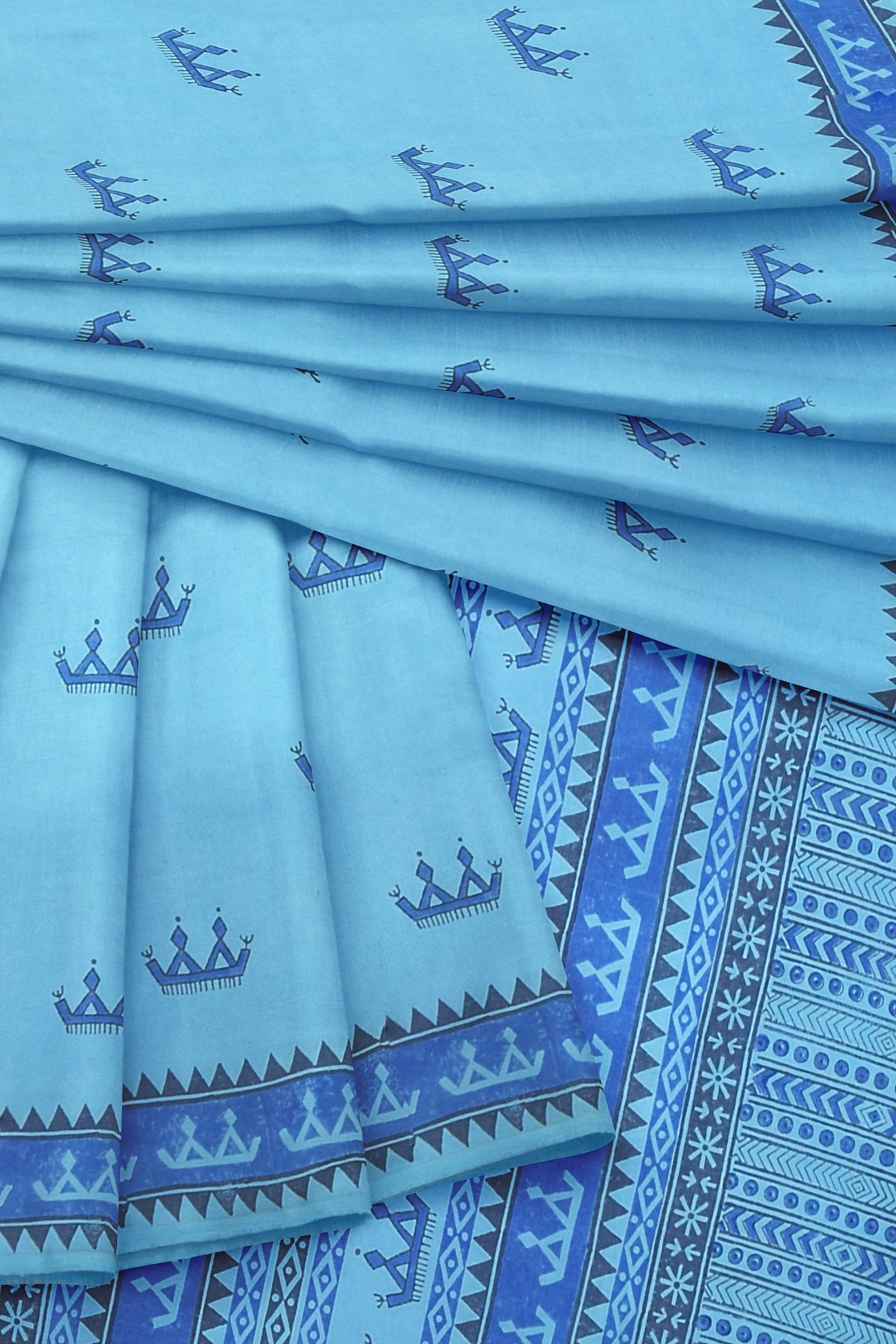 Sky Blue Tribal Motif Hand Block Print Malmal Cotton Saree SKU- AS10062 - Bhartiya Shilp
