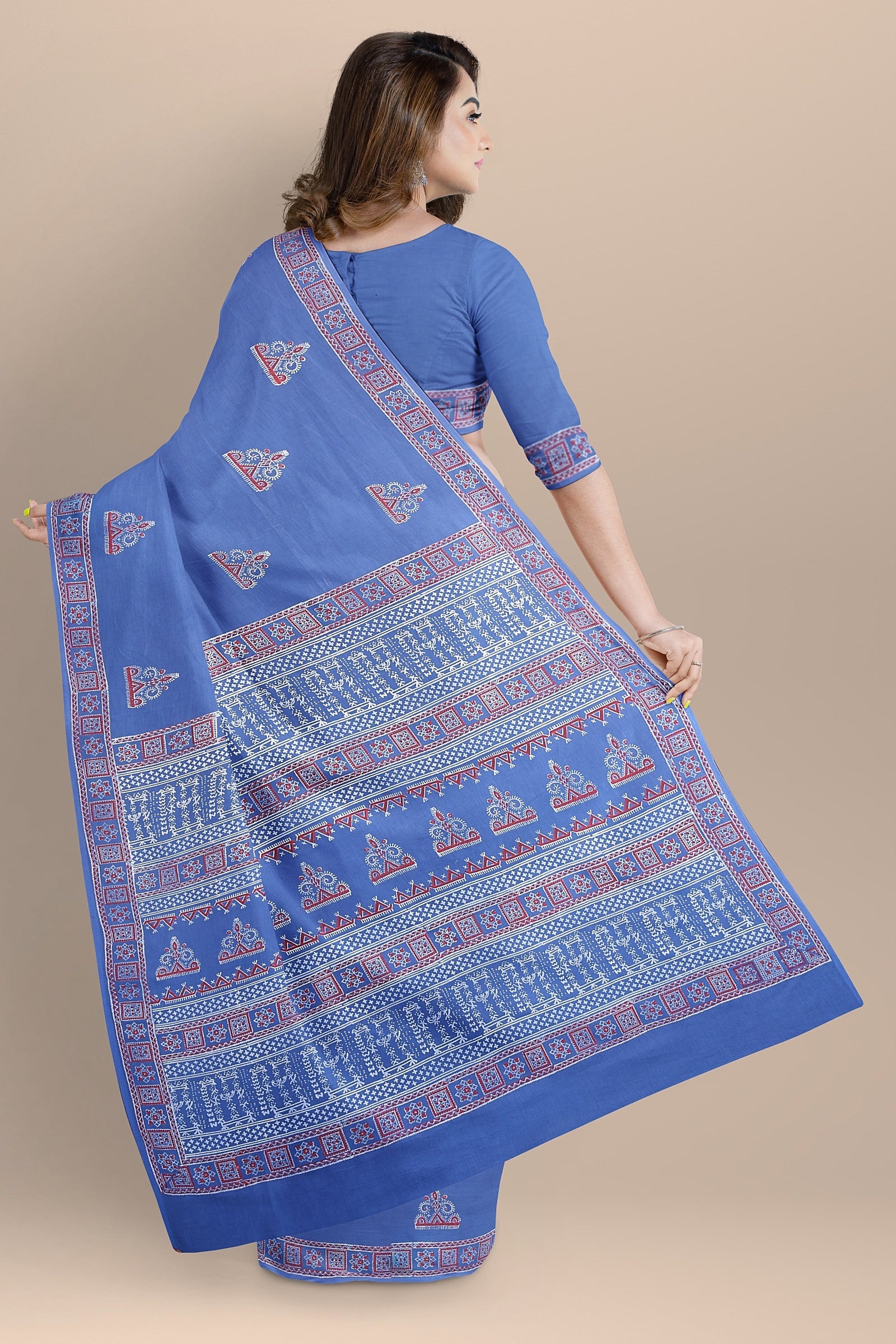 Yale Blue Tribal Motif Chhipa Hand Block Print Malmal Cotton Saree SKU-AS10065 - Bhartiya Shilp