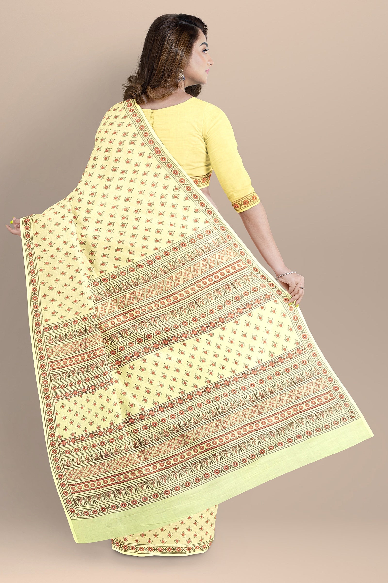 Lemon Yellow Buti Motif Chippa Hand Block Print Malmal Cotton Saree SKU-AS10074 - Bhartiya Shilp