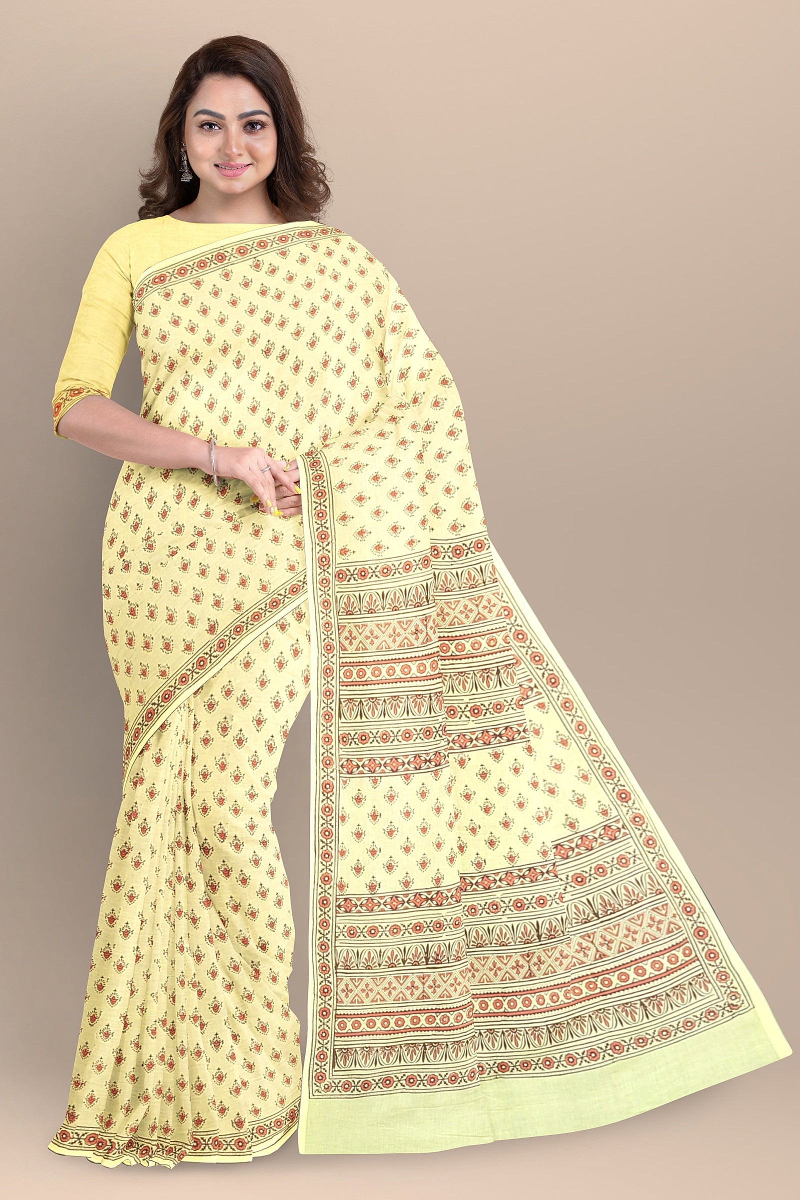 Lemon Yellow Buti Motif Chippa Hand Block Print Malmal Cotton Saree SKU-AS10074 - Bhartiya Shilp