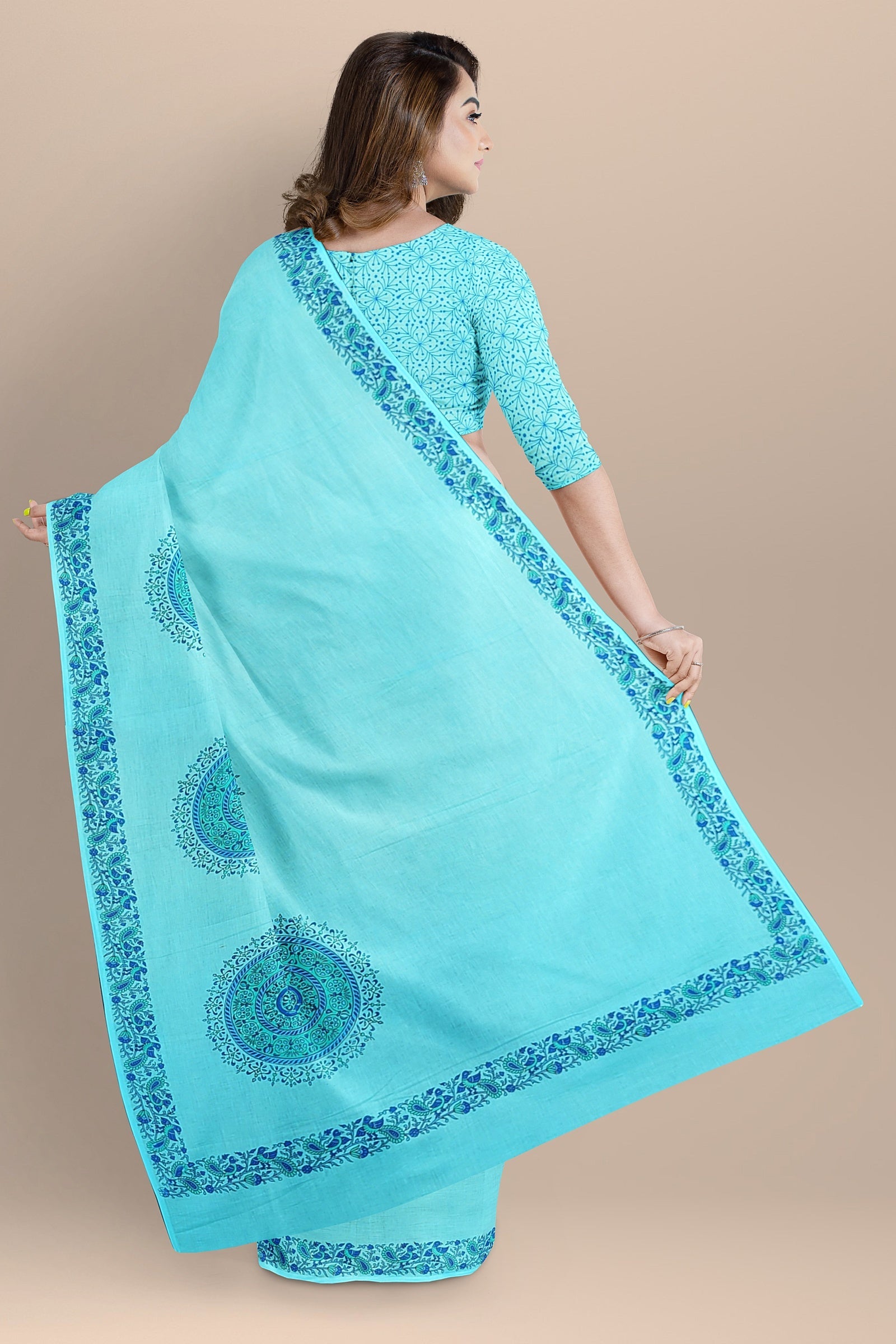 Sky Blue Floral Motif Chippa Hand Block Print Malmal Cotton Saree SKU-AS10075 - Bhartiya Shilp
