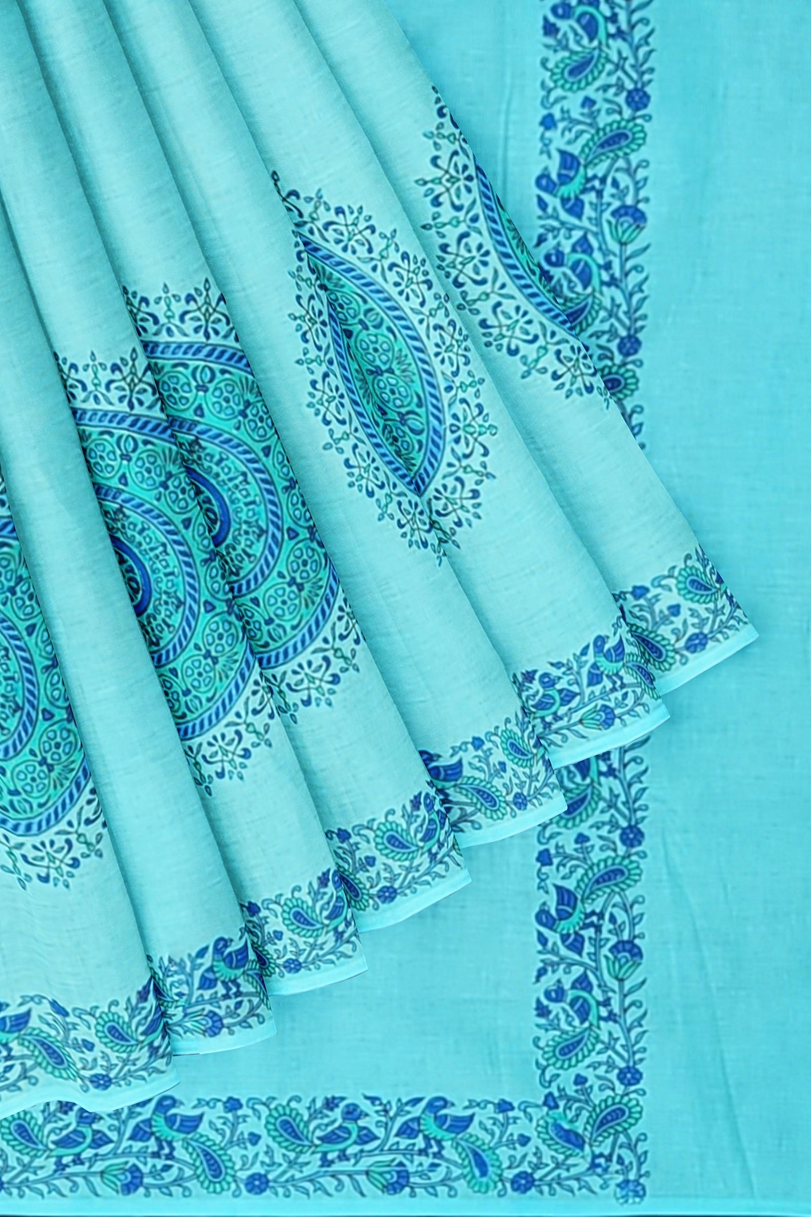 Sky Blue Floral Motif Chippa Hand Block Print Malmal Cotton Saree SKU-AS10075 - Bhartiya Shilp