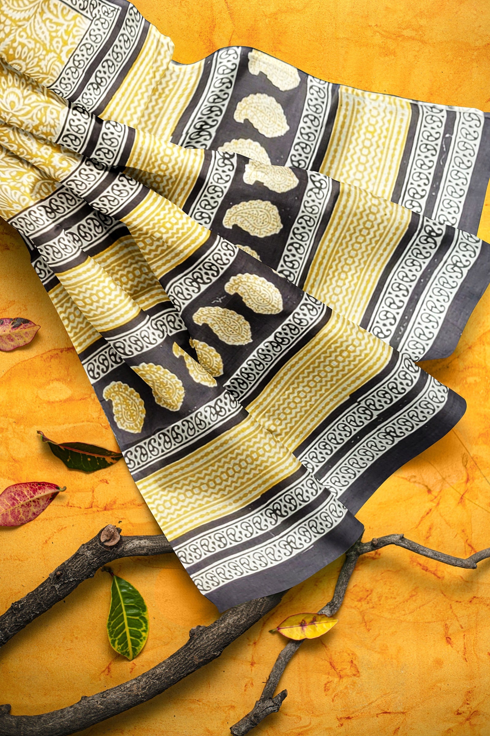 Corn Yellow Floral Motif Chippa Hand Block Print Malmal Cotton Saree SKU-AS10077 - Bhartiya Shilp