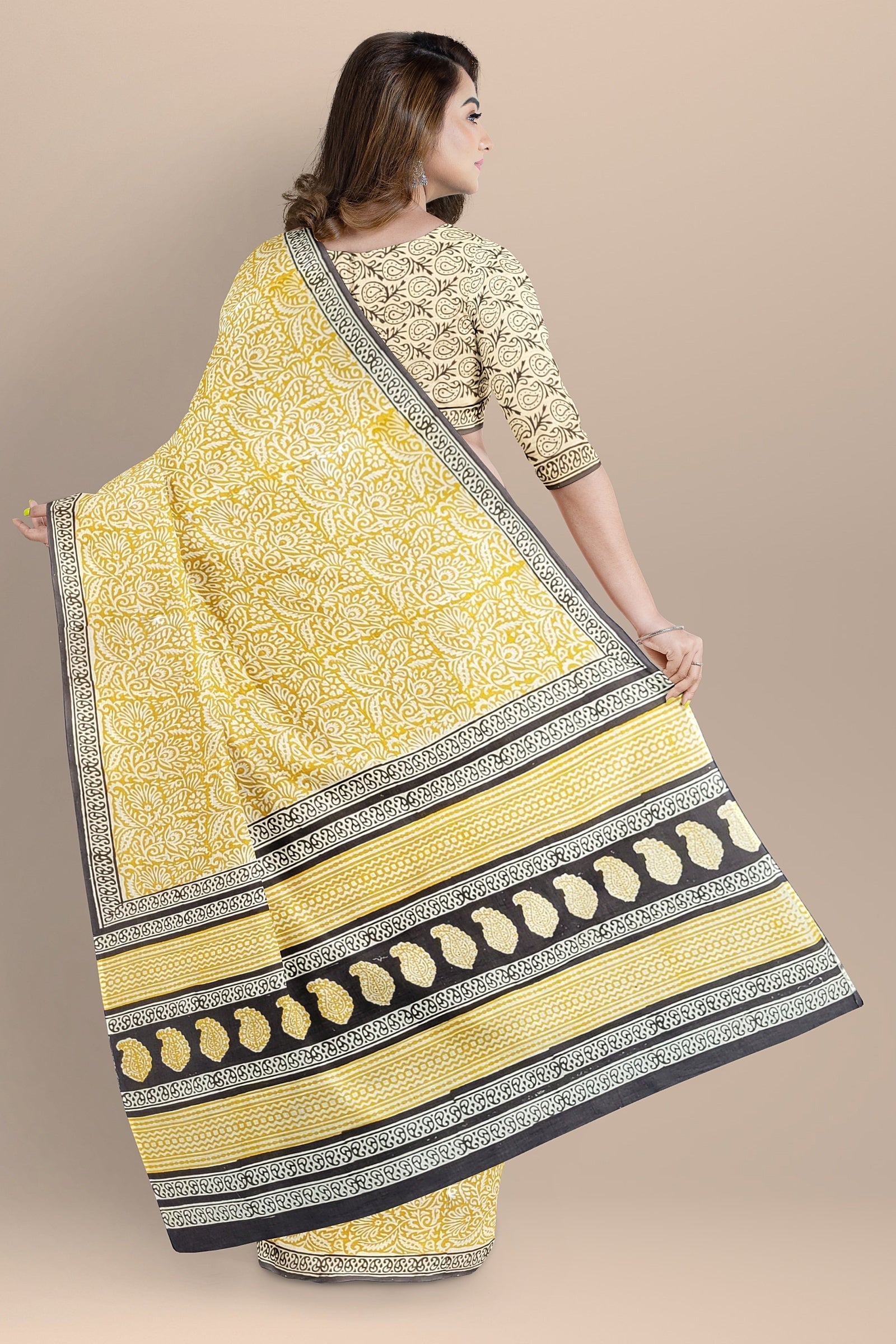 Corn Yellow Floral Motif Chippa Hand Block Print Malmal Cotton Saree SKU-AS10077 - Bhartiya Shilp