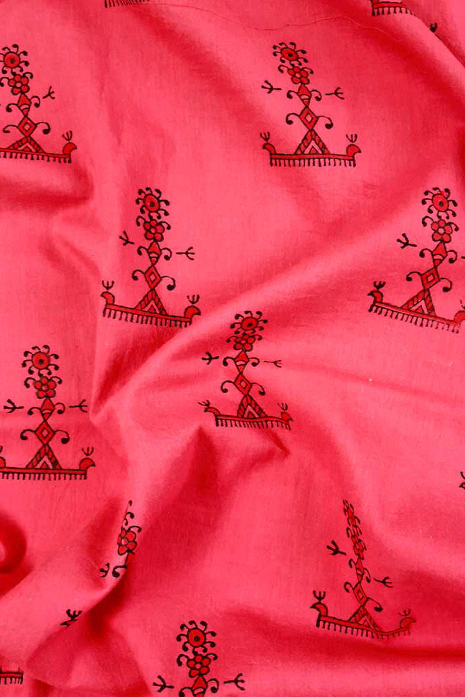 Chippa Hand Block Printed Red Color Cotton Fabric With Black and Marron Tribal Motif  SKU- BS60009 - Bhartiya Shilp