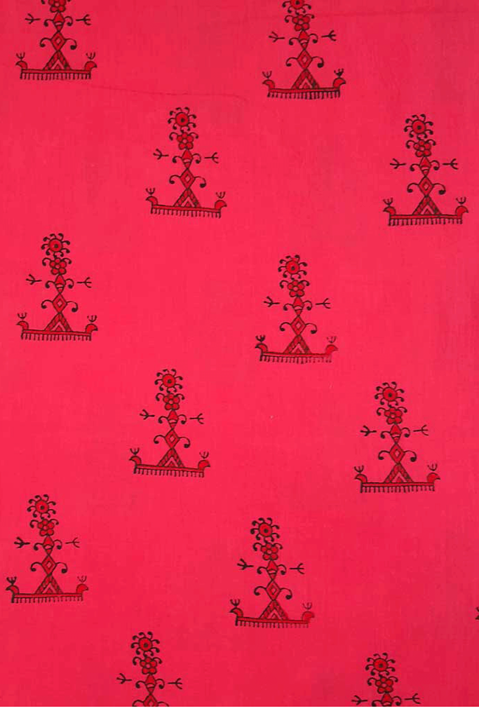 Chippa Hand Block Printed Red Color Cotton Fabric With Black and Marron Tribal Motif  SKU- BS60009 - Bhartiya Shilp