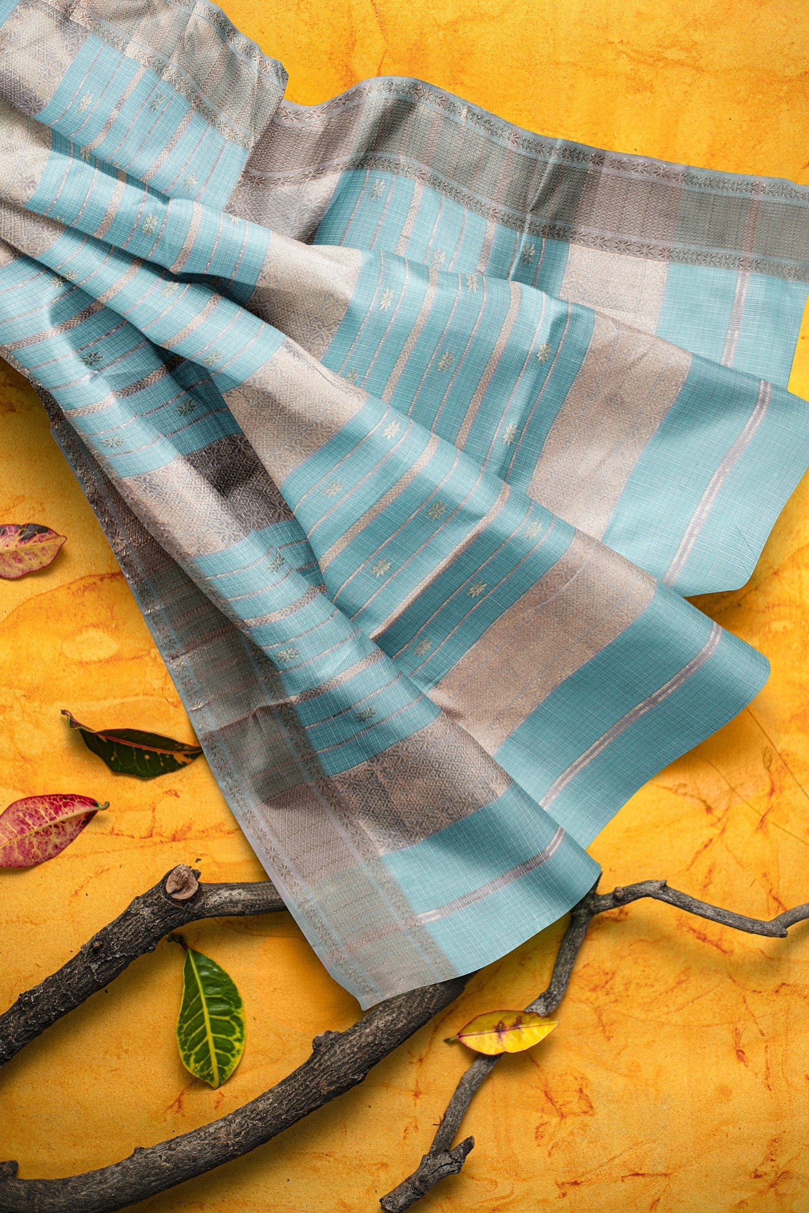 Hand Woven Turquoise Blue Color Traditional Buti Checks Sausar Silk with Zari Border Saree SKU-BS10051 - Bhartiya Shilp