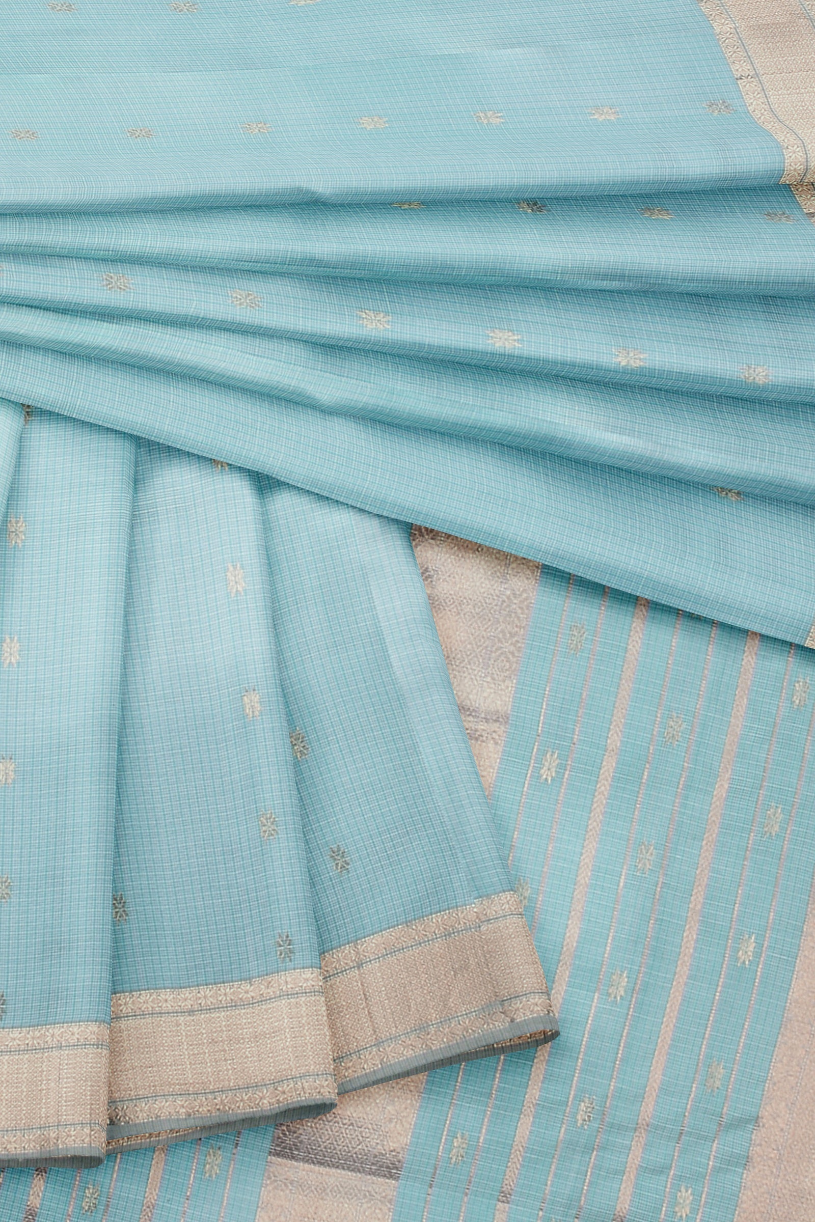 Hand Woven Turquoise Blue Color Traditional Buti Checks Sausar Silk with Zari Border Saree SKU-BS10051 - Bhartiya Shilp