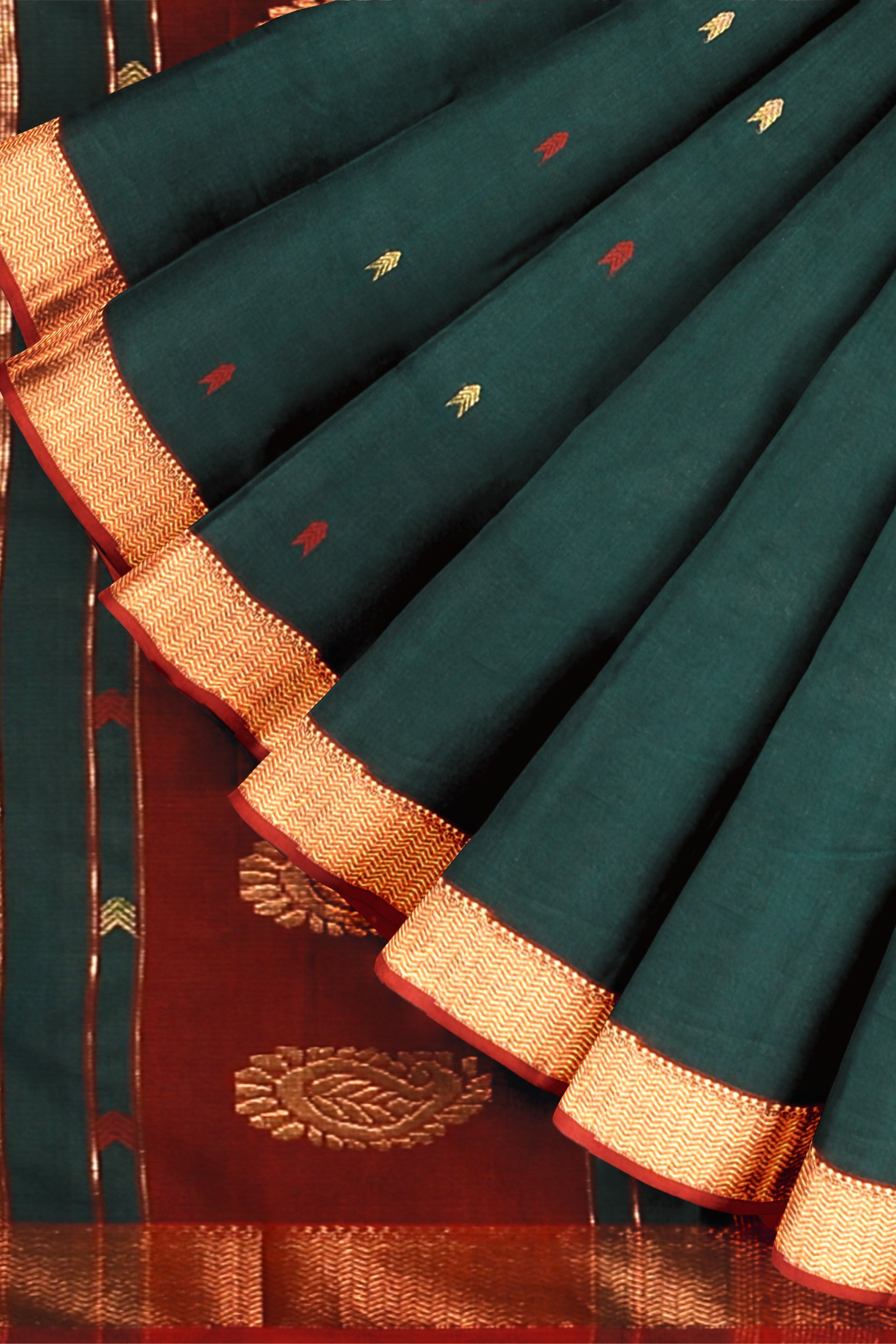 Dark Green Buta Buti Handwoven Sausar Silk with Zari Border SKU- BS10014 - Bhartiya Shilp