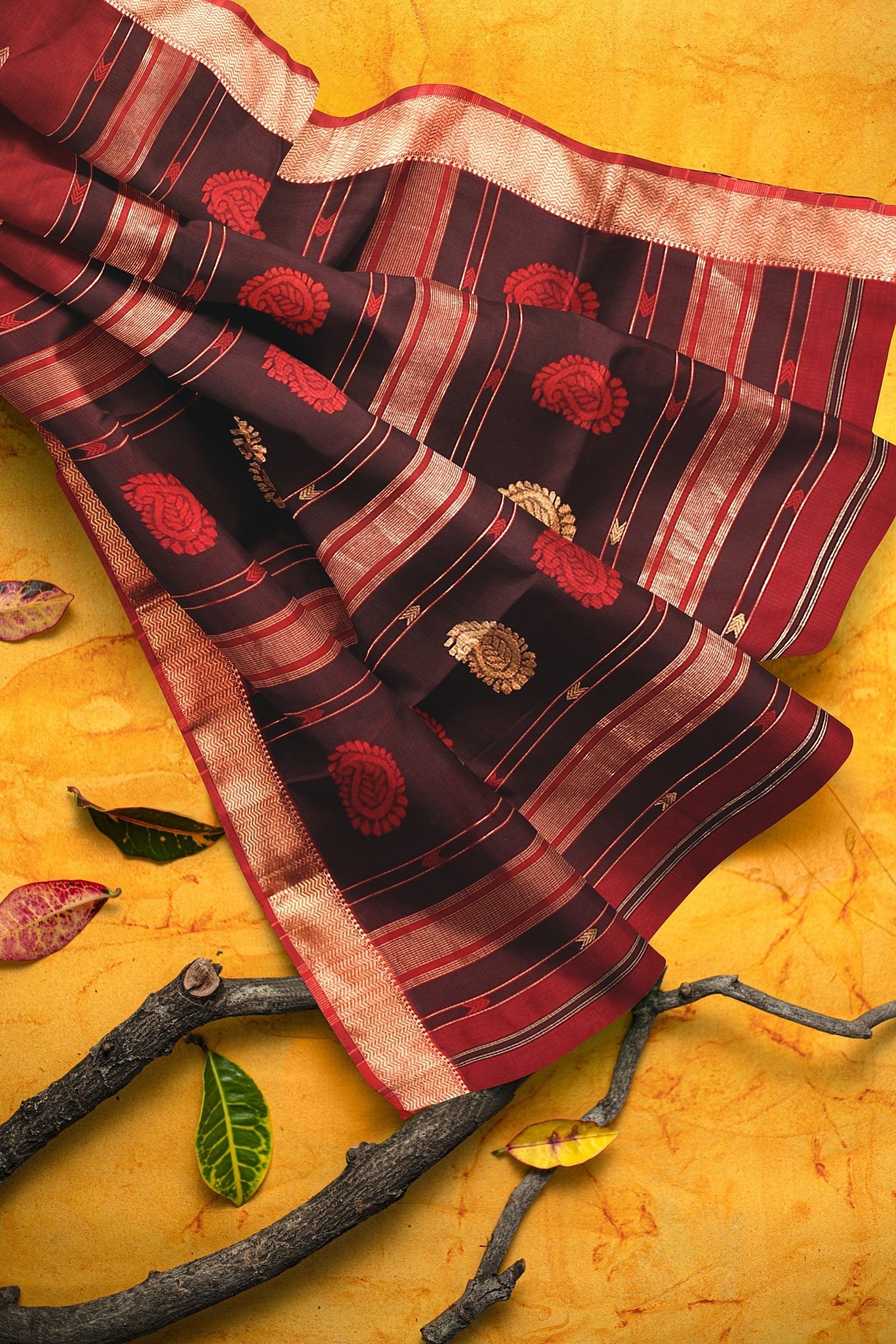 Red Buta Buti Handwoven Sausar Silk with Zari Border SKU- BS10015 - Bhartiya Shilp