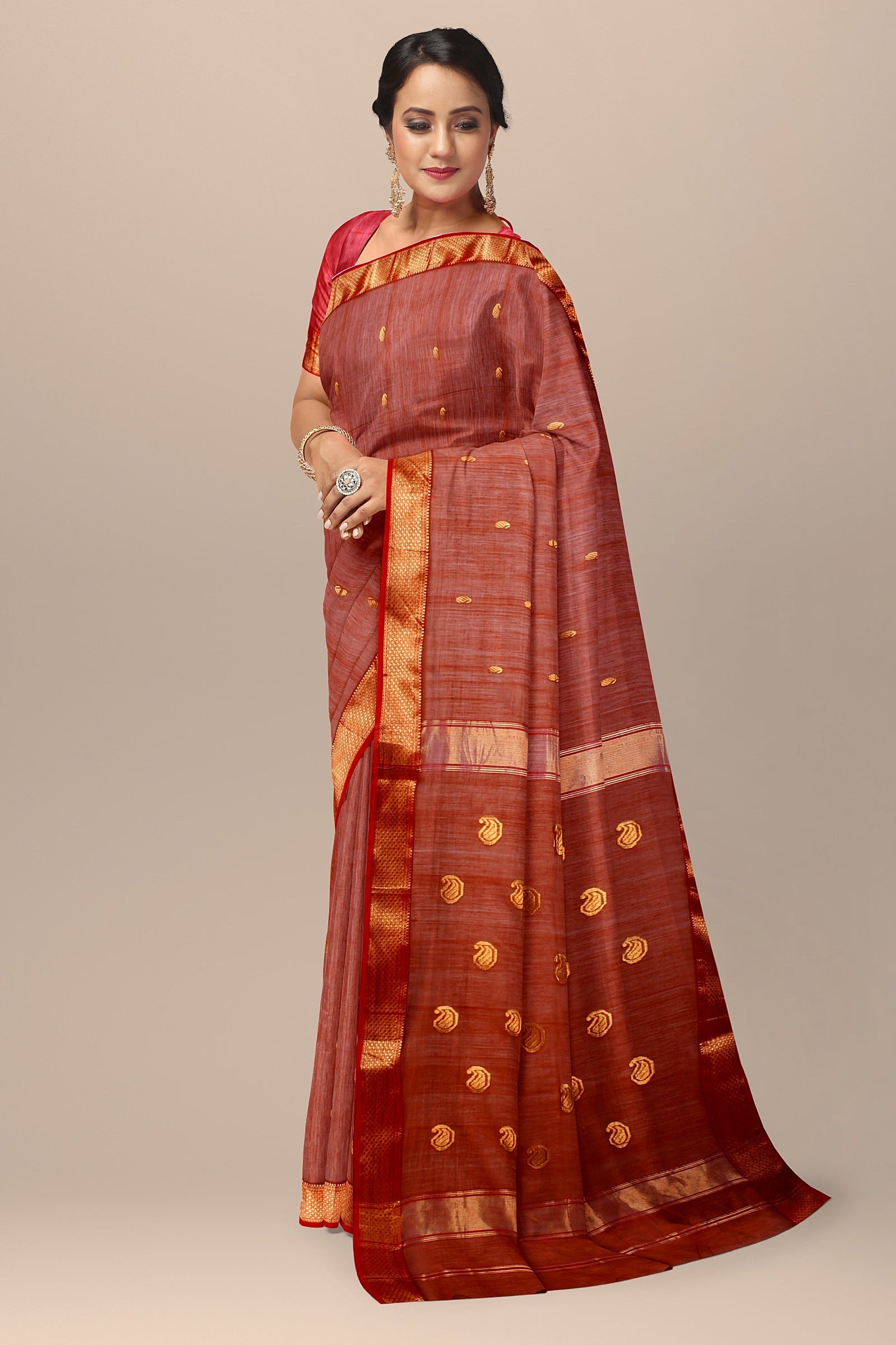Hand Woven Cinnamon Brown Color Traditional Carry Buti Sausar Silk with Zari Border and Carry Buta Print Saree SKU- BS10037 - Bhartiya Shilp