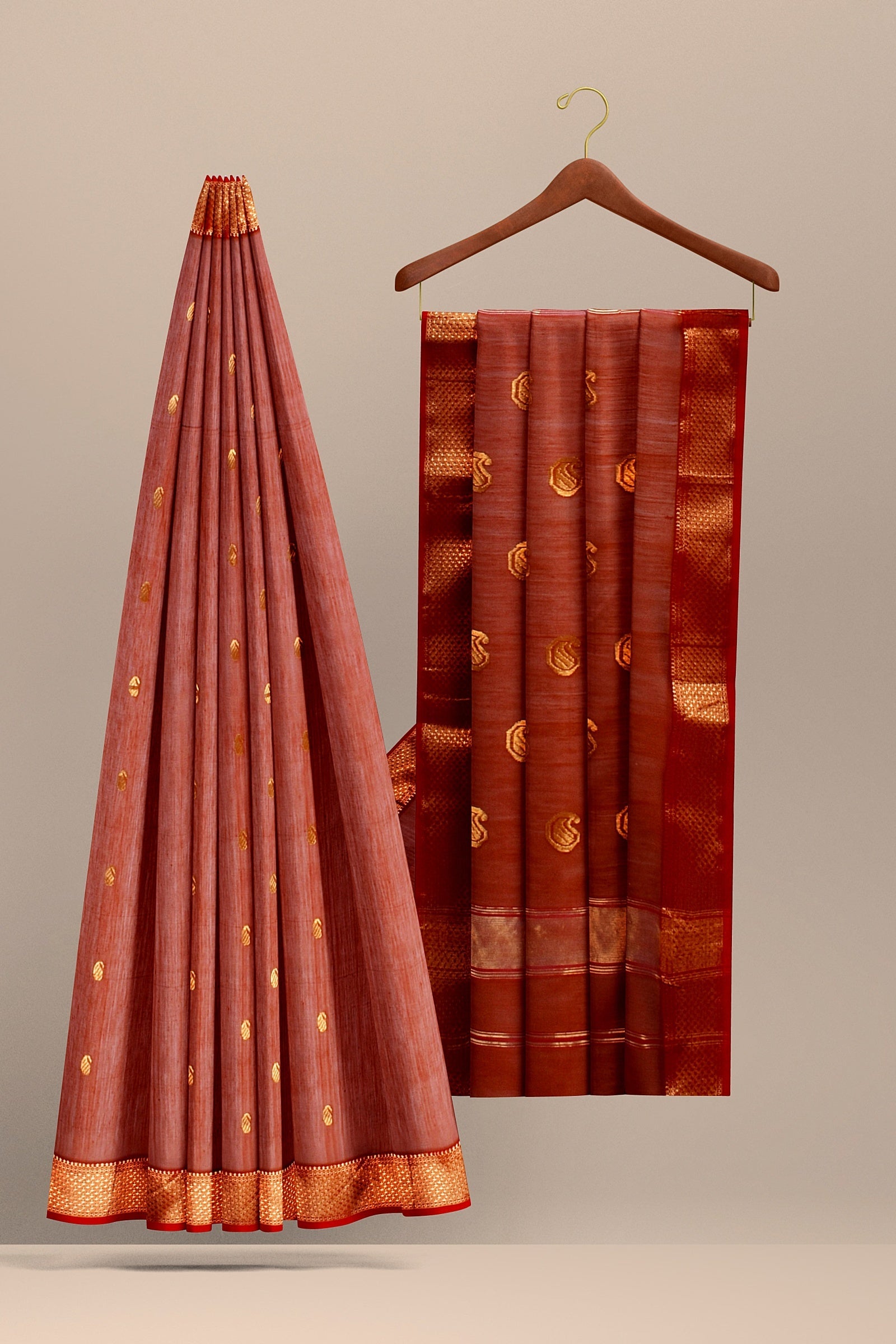 Hand Woven Cinnamon Brown Color Traditional Carry Buti Sausar Silk with Zari Border and Carry Buta Print Saree SKU- BS10037 - Bhartiya Shilp