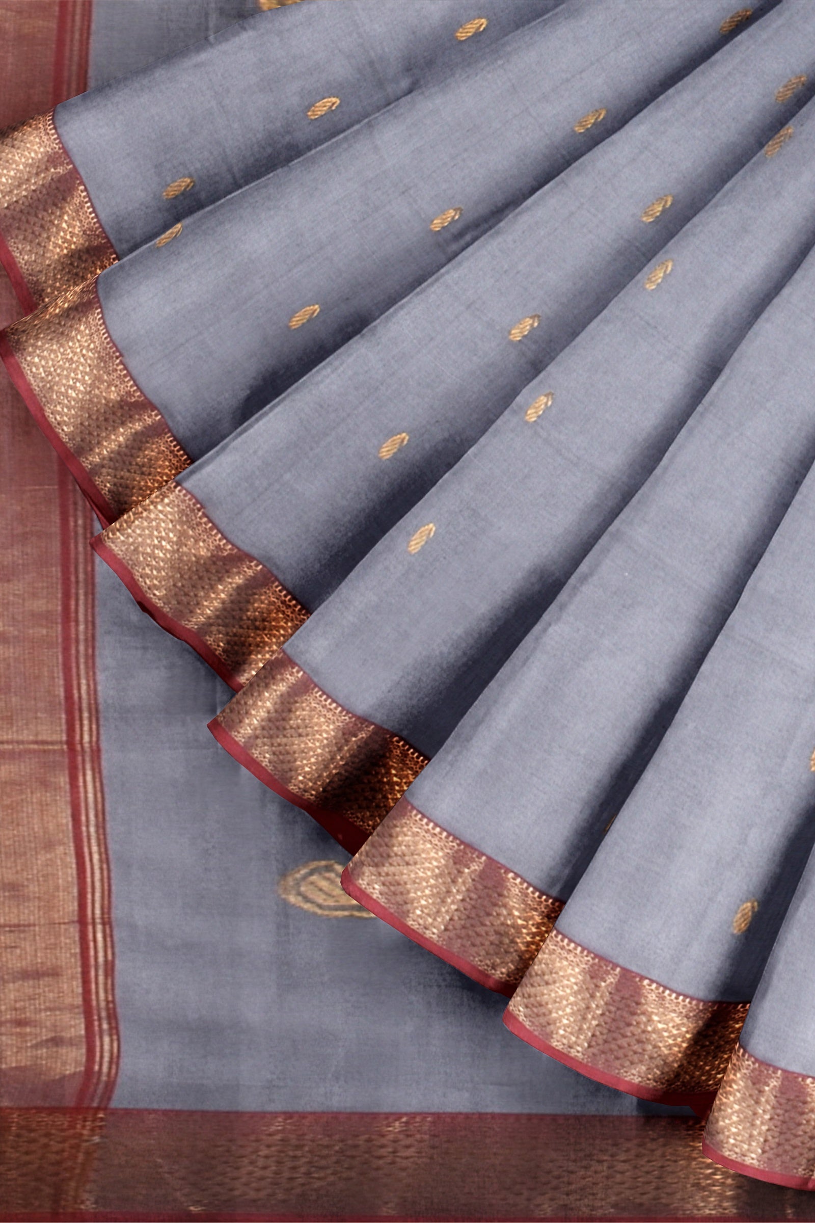 Hand Woven Metallic Grey Color Traditional Carry Buti Sausar Silk Saree with Zari Border and Carry Buta Print  SKU-BS10038 - Bhartiya Shilp