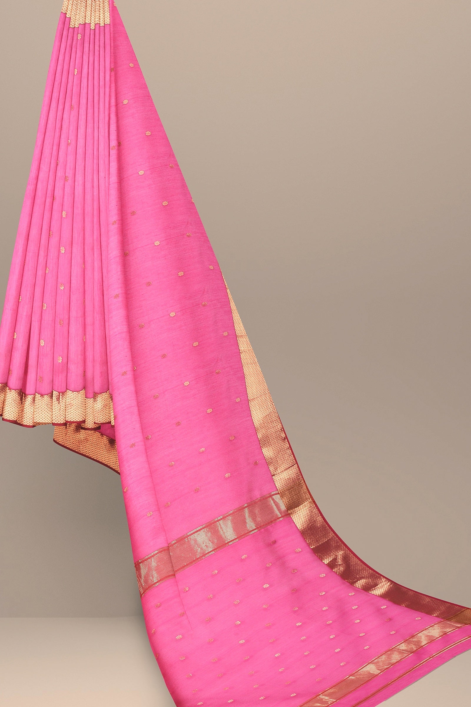 Hand Woven Pink Color Traditional Rui Buti Sausar Silk Saree with Zari Border SKU-BS10043 - Bhartiya Shilp