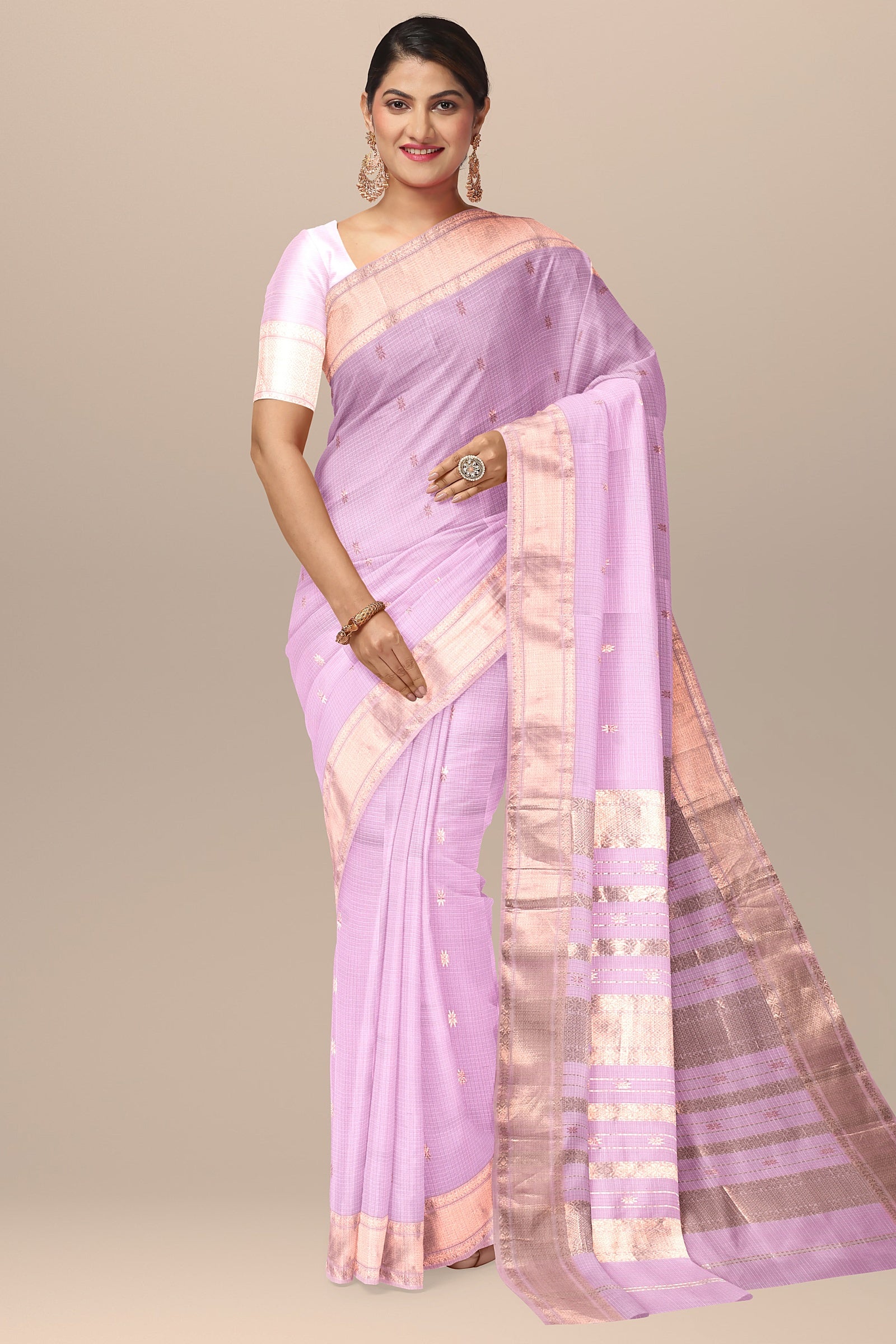 Hand Woven Light Pink Color Traditional Buti Checks Sausar Silk with Zari Border Saree SKU- BS10049 - Bhartiya Shilp