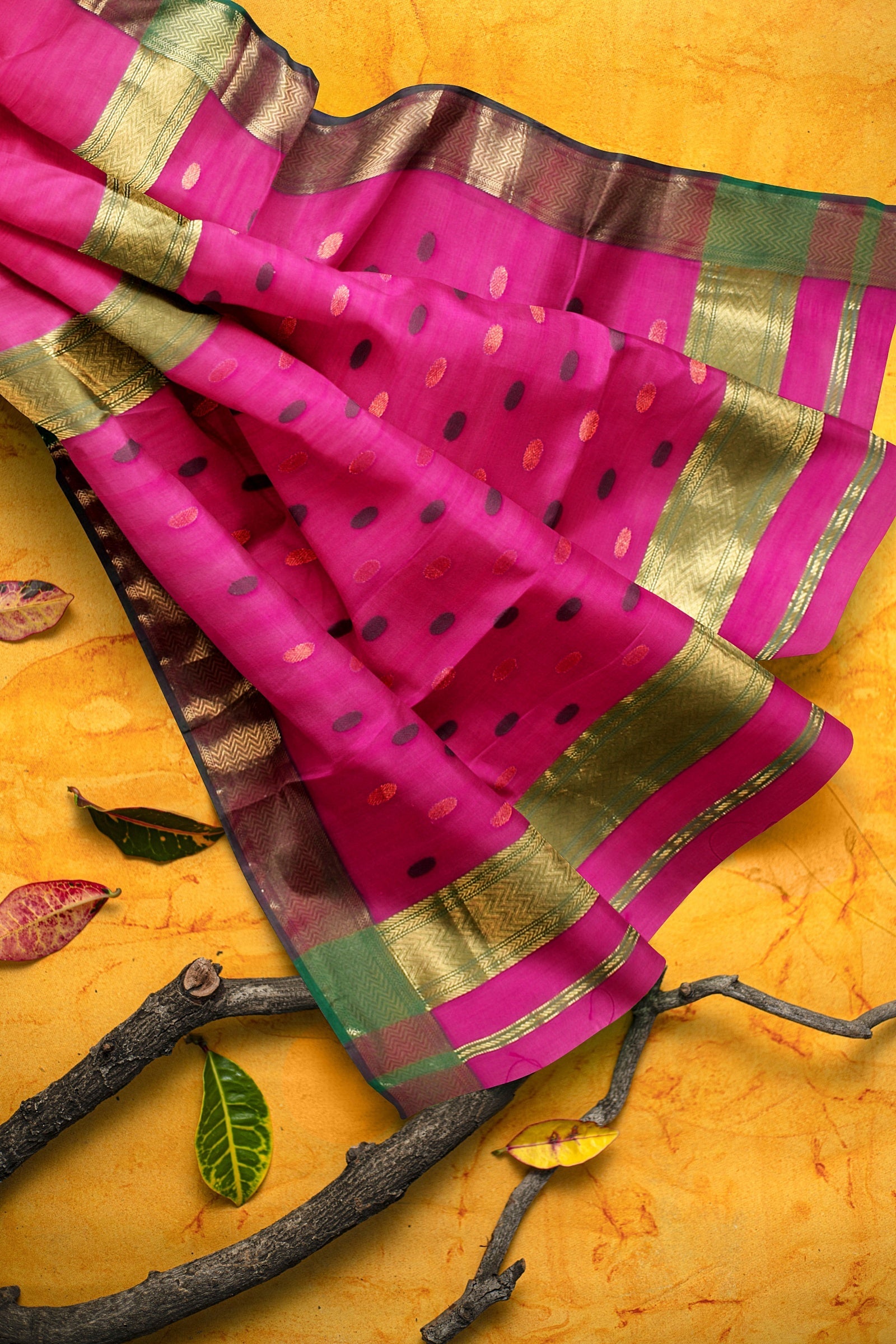Hand Woven Rani Pink Color Traditional Rudraksh Buti Sausar Silk Saree with Zari Border SKU-BS10060 - Bhartiya Shilp