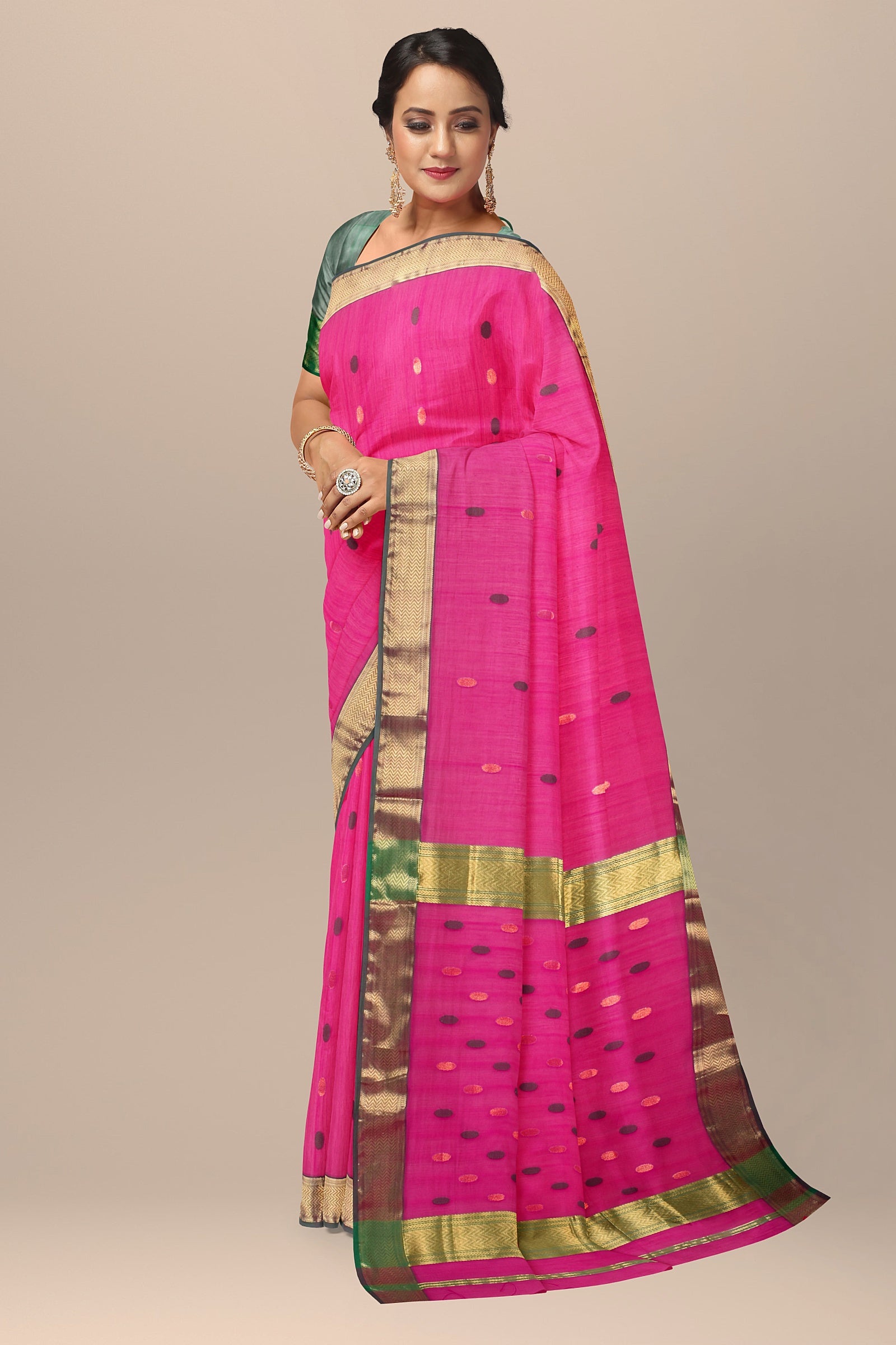 Hand Woven Rani Pink Color Traditional Rudraksh Buti Sausar Silk Saree with Zari Border SKU-BS10060 - Bhartiya Shilp