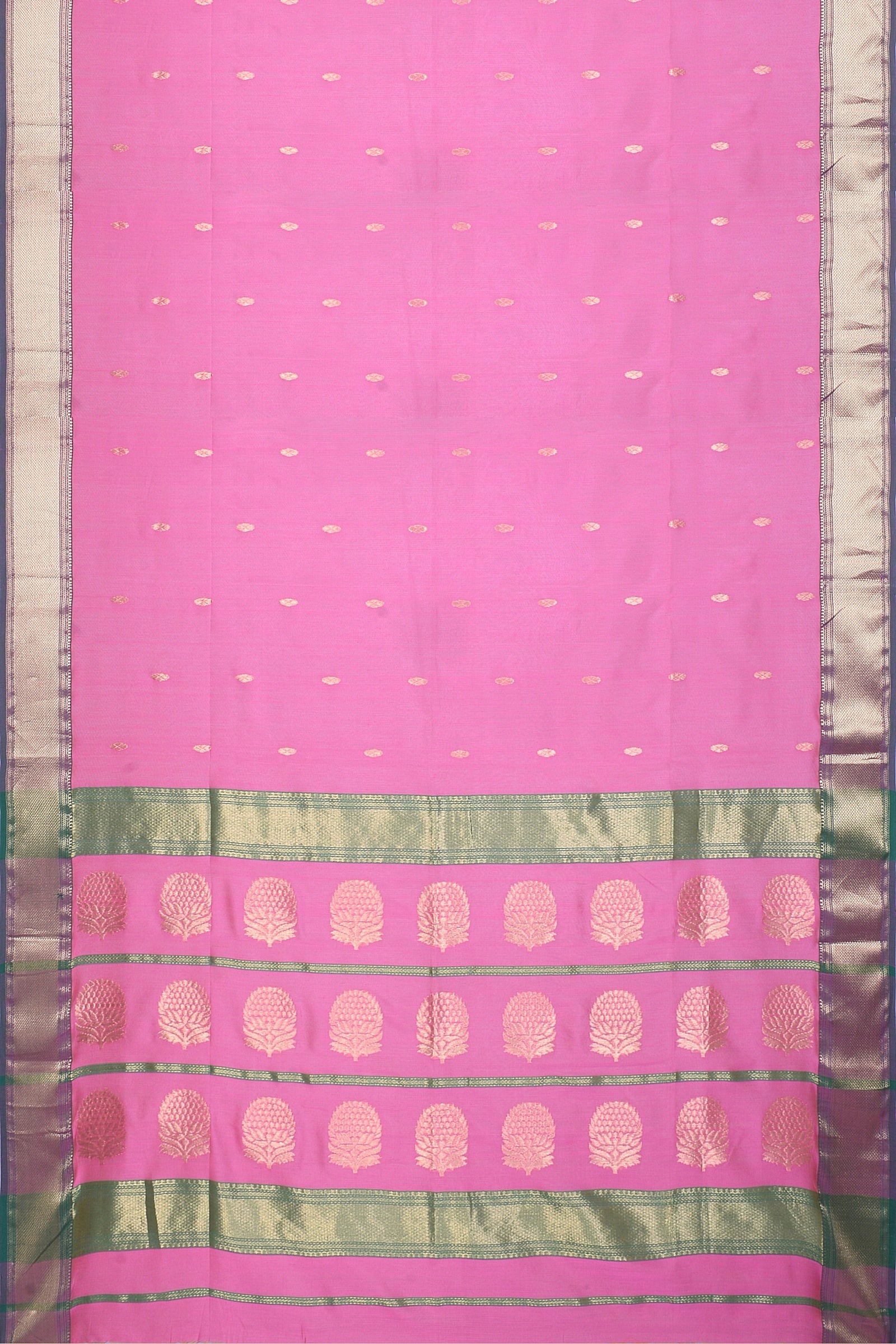Hand Woven Flamingo Pink Color Traditional Buti Sausar Silk Saree with Zari Border and Tree Buta Pallu SKU - BS10063 - Bhartiya Shilp