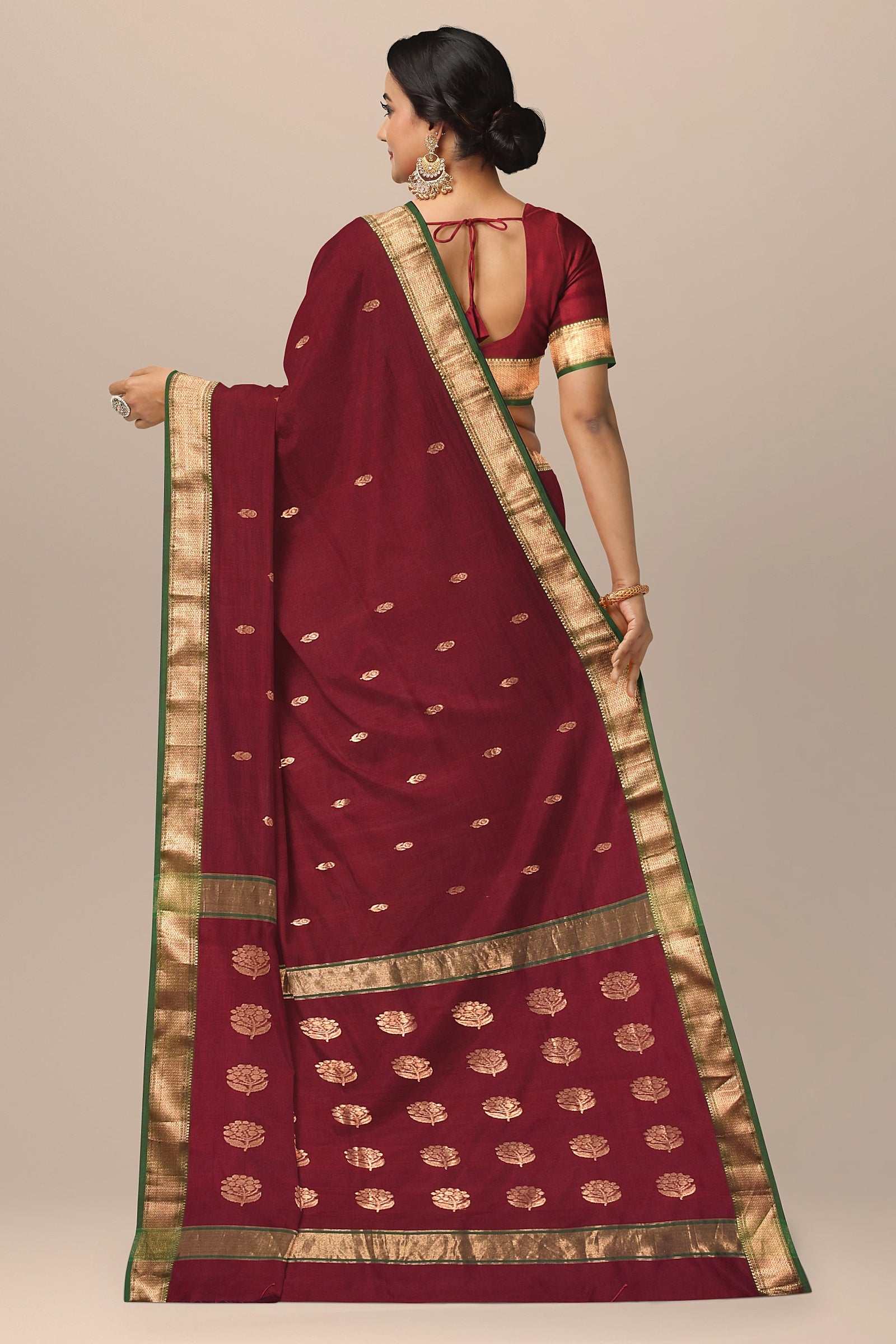 Maroon Handwoven Sausar Silk With Zari Border and Floral Buta Pallu SKU- BS10066 - Bhartiya Shilp